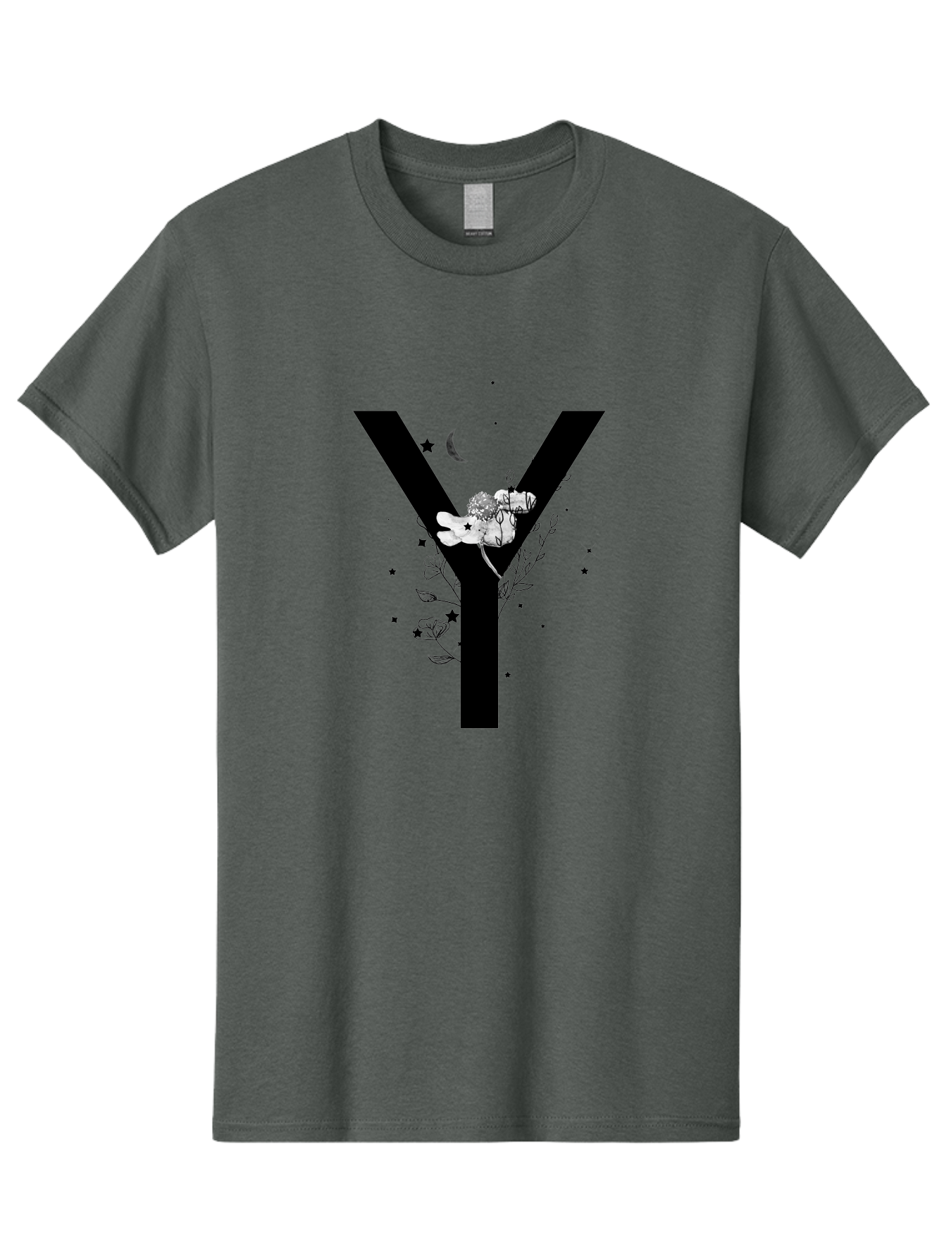 Y Men'S Graphic Tee, 100% Cotton, Comfortable Casual Summer Wear, Machine Washable, Letter Y, Floral Design, Black And White, Mystical Vibes, Celestial Theme, Flowers, Stars, Moon, Elegant Typography, Symbolic Art Aac366 27