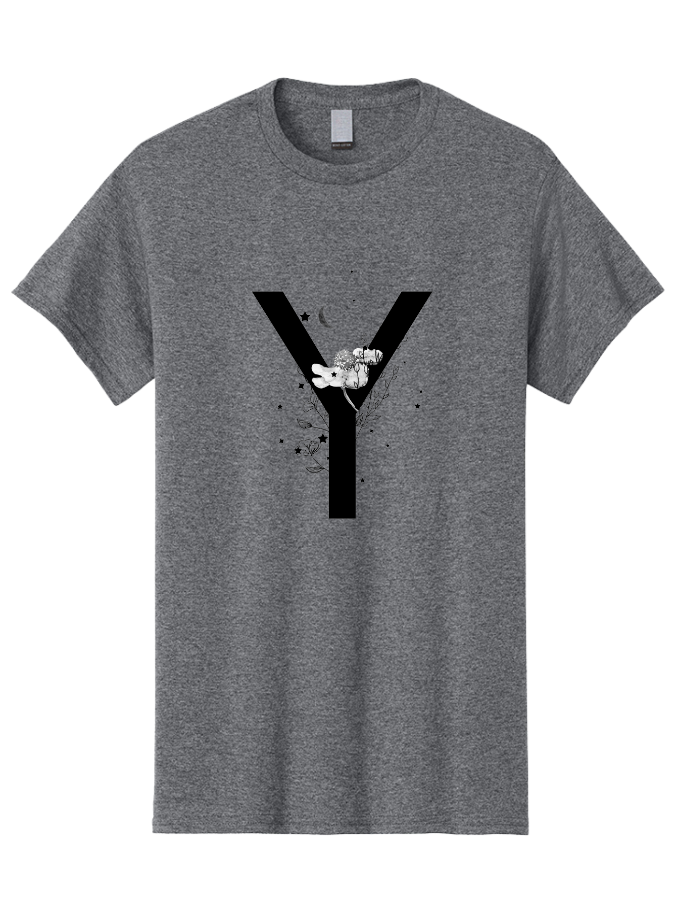 Y Men'S Graphic Tee, 100% Cotton, Comfortable Casual Summer Wear, Machine Washable, Letter Y, Floral Design, Black And White, Mystical Vibes, Celestial Theme, Flowers, Stars, Moon, Elegant Typography, Symbolic Art Aac366 9