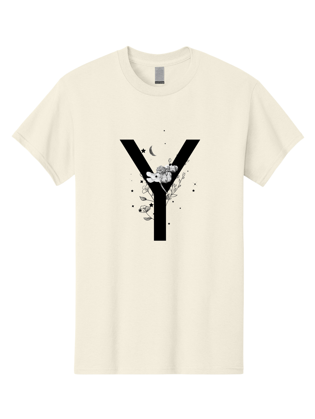 Y Men'S Graphic Tee, 100% Cotton, Comfortable Casual Summer Wear, Machine Washable, Letter Y, Floral Design, Black And White, Mystical Vibes, Celestial Theme, Flowers, Stars, Moon, Elegant Typography, Symbolic Art Aac366 1