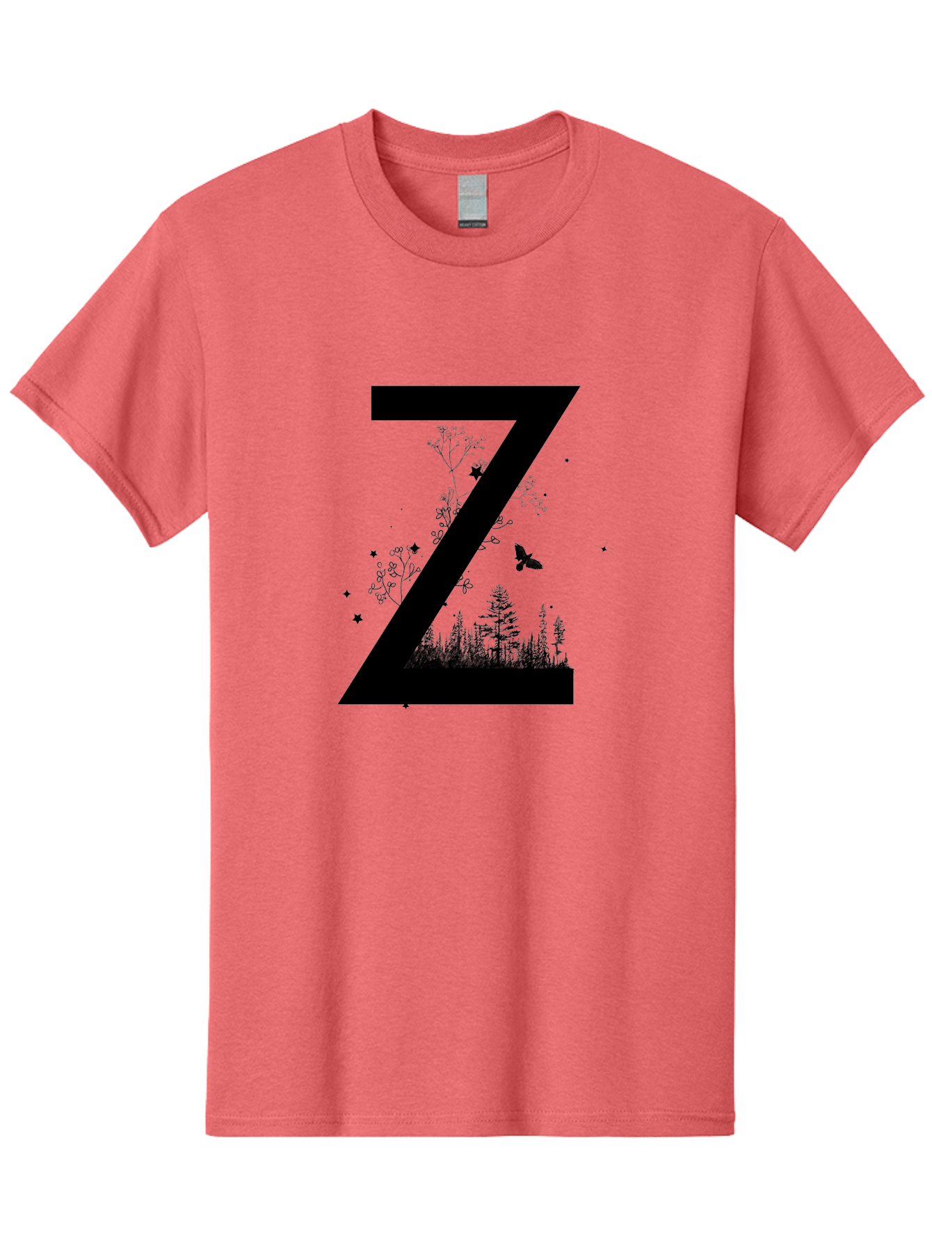 Z Men'S Graphic Tee, 100% Cotton, Comfortable Casual Summer Wear, Machine Washable, Black Letter Z, Forest Silhouettes, Flying Butterfly, Floral Elements, Stars, Nature-Inspired Design, Typography Art Aac367 1