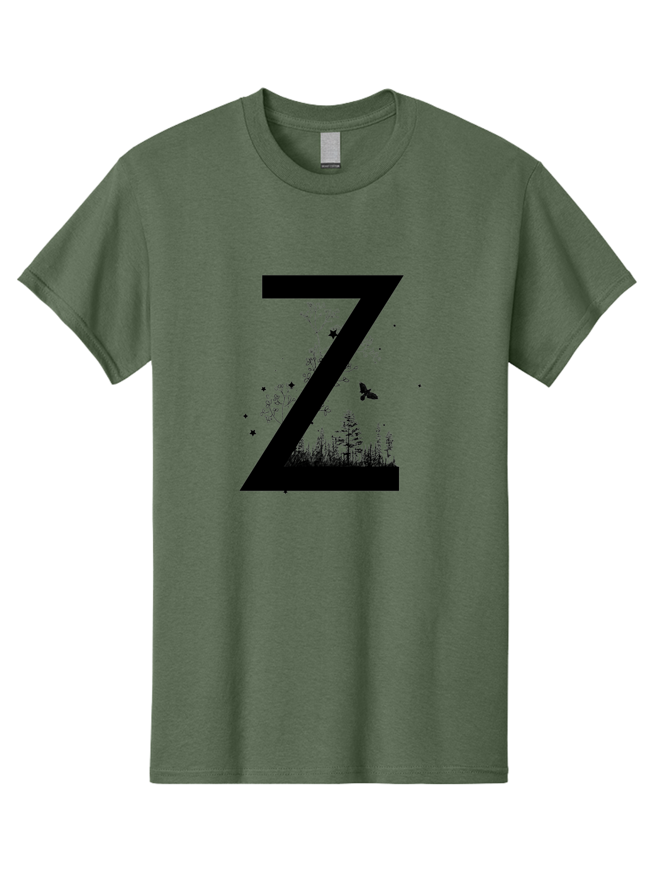 Z Men'S Graphic Tee, 100% Cotton, Comfortable Casual Summer Wear, Machine Washable, Black Letter Z, Forest Silhouettes, Flying Butterfly, Floral Elements, Stars, Nature-Inspired Design, Typography Art Aac367 19