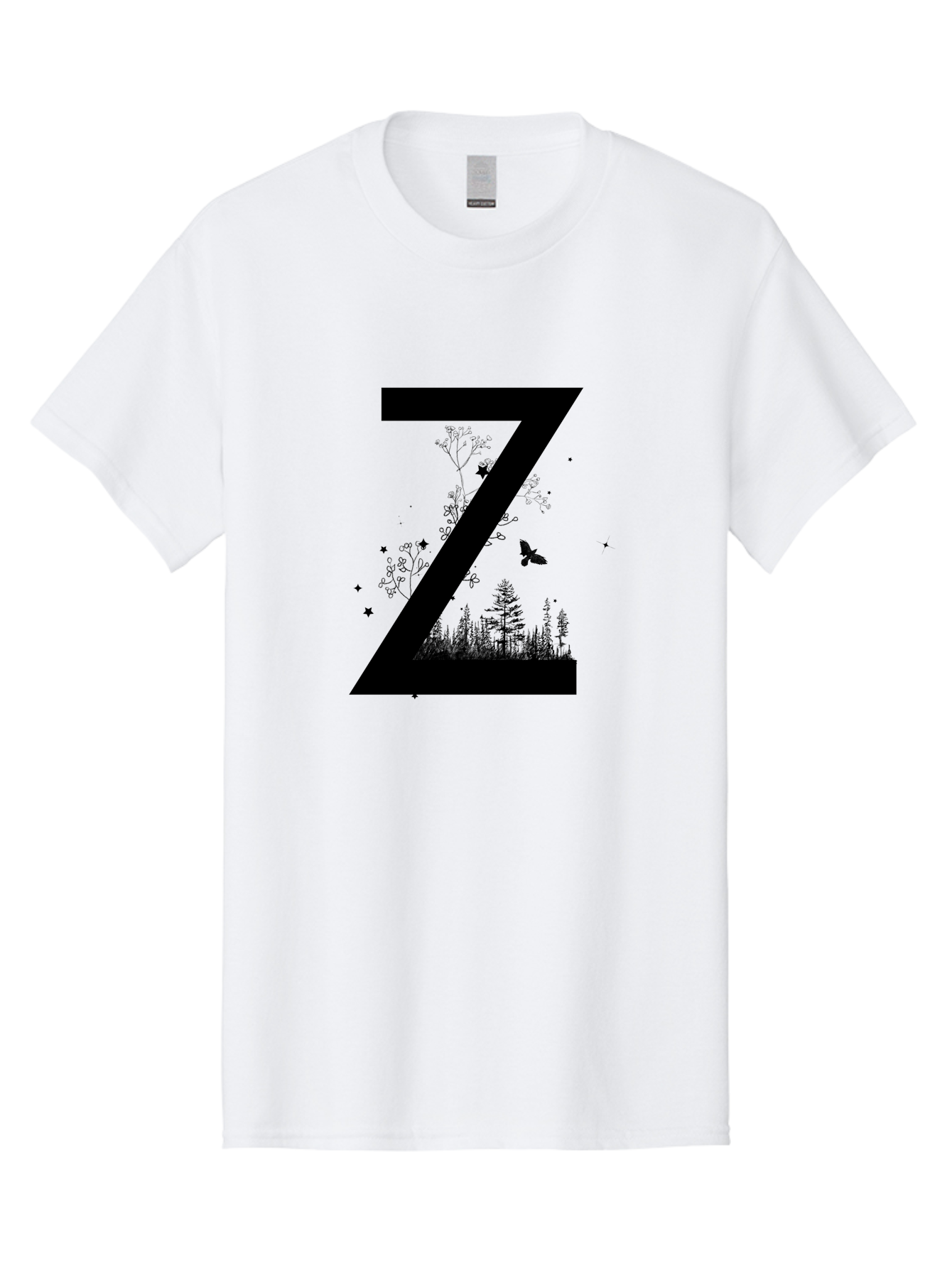 Z Men'S Graphic Tee, 100% Cotton, Comfortable Casual Summer Wear, Machine Washable, Black Letter Z, Forest Silhouettes, Flying Butterfly, Floral Elements, Stars, Nature-Inspired Design, Typography Art Aac367 5