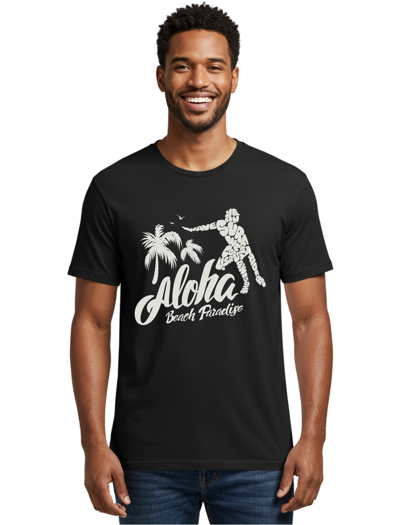 Aloha-Beach-Paradise Men'S Graphic Tee, 100% Cotton, Comfortable Casual Summer Wear, Machine Washable, Surfer Silhouette, Tropical Getaway, Beach Vacation, Surfing Culture, Wave Riding, Aloha Spirit, Island Vibes, Palm Trees, Beach Paradise, Aac368 22