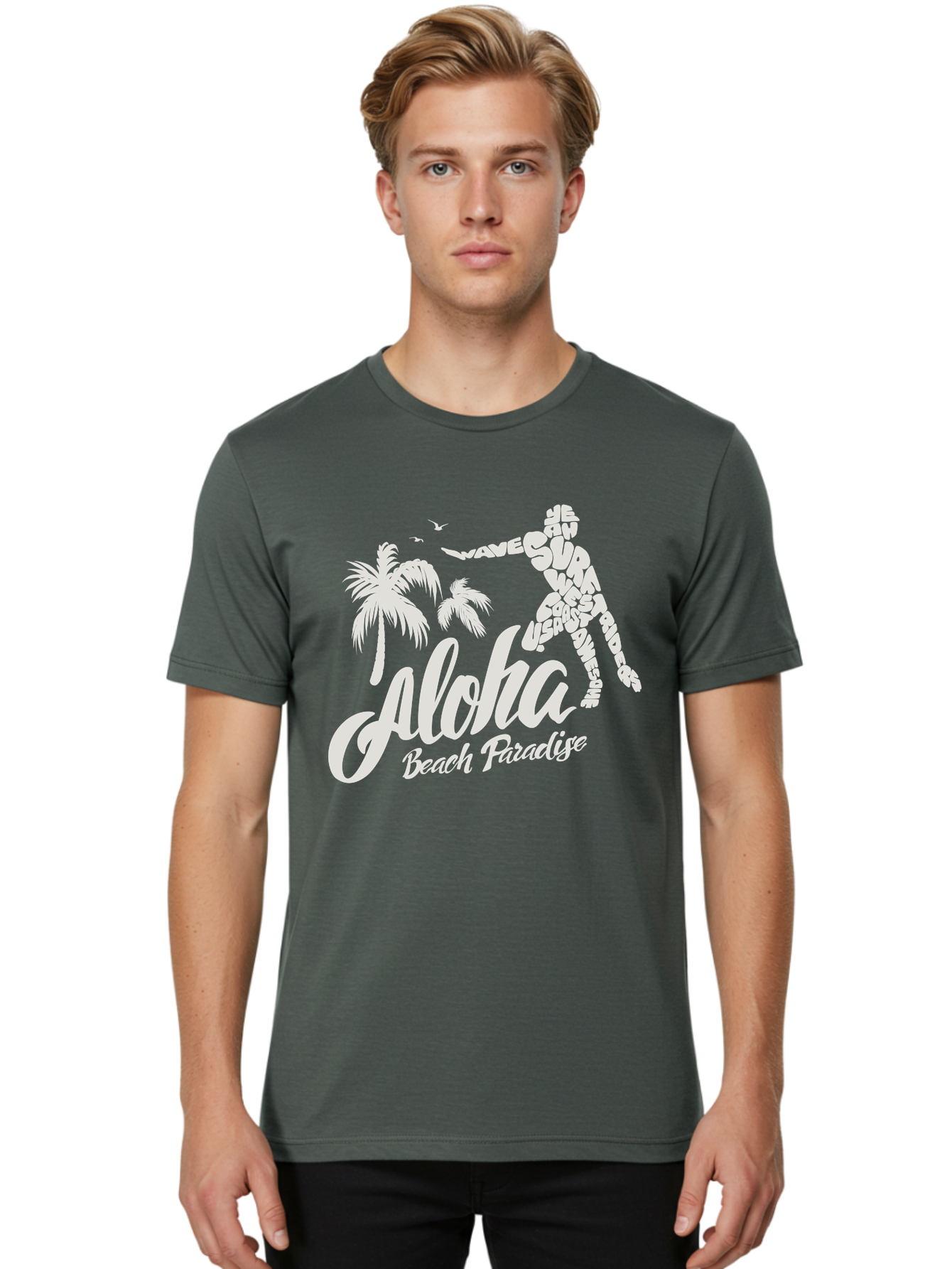 Aloha-Beach-Paradise Men'S Graphic Tee, 100% Cotton, Comfortable Casual Summer Wear, Machine Washable, Surfer Silhouette, Tropical Getaway, Beach Vacation, Surfing Culture, Wave Riding, Aloha Spirit, Island Vibes, Palm Trees, Beach Paradise, Aac368 26
