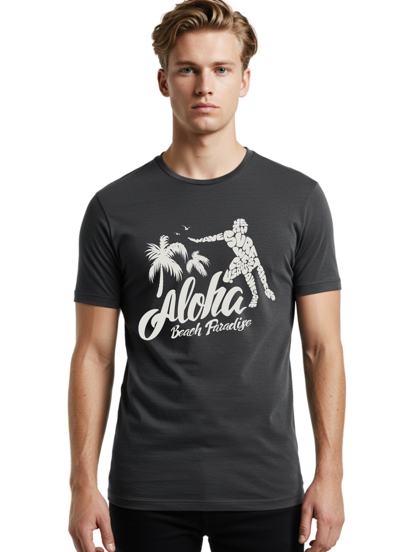 Aloha-Beach-Paradise Men'S Graphic Tee, 100% Cotton, Comfortable Casual Summer Wear, Machine Washable, Surfer Silhouette, Tropical Getaway, Beach Vacation, Surfing Culture, Wave Riding, Aloha Spirit, Island Vibes, Palm Trees, Beach Paradise, Aac368 18
