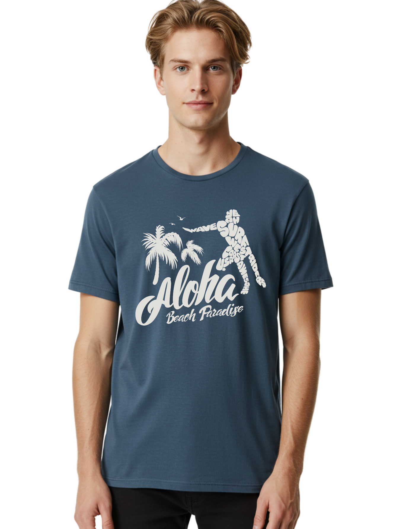 Aloha-Beach-Paradise Men'S Graphic Tee, 100% Cotton, Comfortable Casual Summer Wear, Machine Washable, Surfer Silhouette, Tropical Getaway, Beach Vacation, Surfing Culture, Wave Riding, Aloha Spirit, Island Vibes, Palm Trees, Beach Paradise, Aac368 4