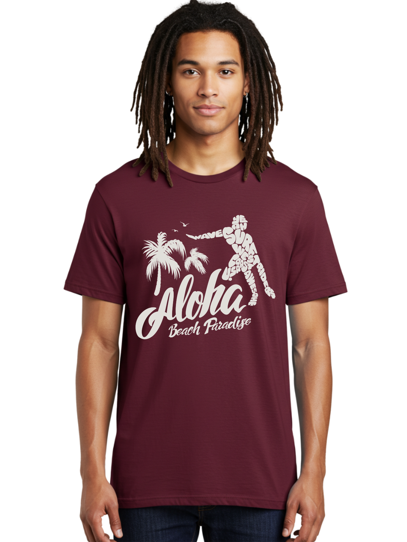 Aloha-Beach-Paradise Men'S Graphic Tee, 100% Cotton, Comfortable Casual Summer Wear, Machine Washable, Surfer Silhouette, Tropical Getaway, Beach Vacation, Surfing Culture, Wave Riding, Aloha Spirit, Island Vibes, Palm Trees, Beach Paradise, Aac368 16