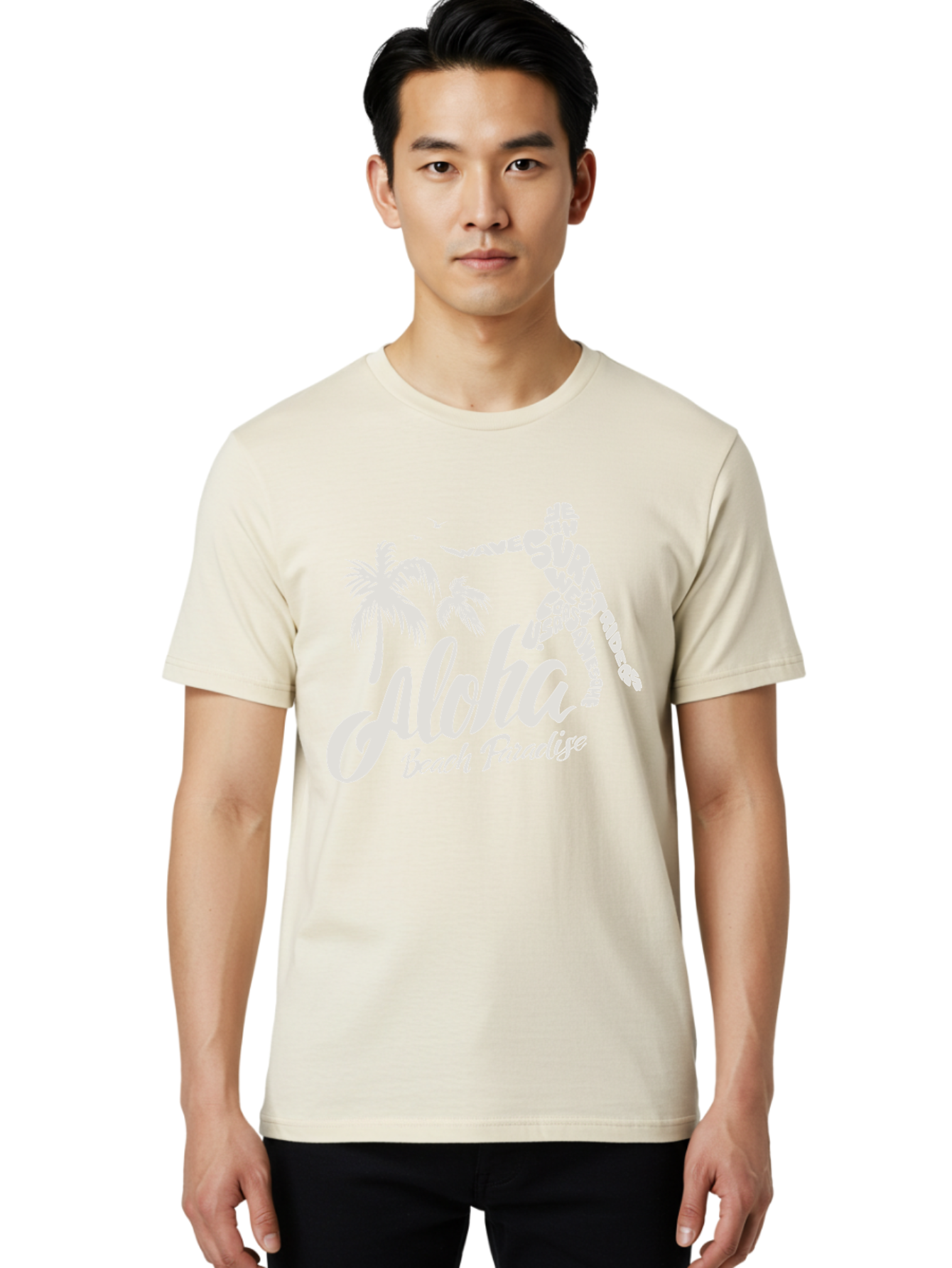 Aloha-Beach-Paradise Men'S Graphic Tee, 100% Cotton, Comfortable Casual Summer Wear, Machine Washable, Surfer Silhouette, Tropical Getaway, Beach Vacation, Surfing Culture, Wave Riding, Aloha Spirit, Island Vibes, Palm Trees, Beach Paradise, Aac368 24