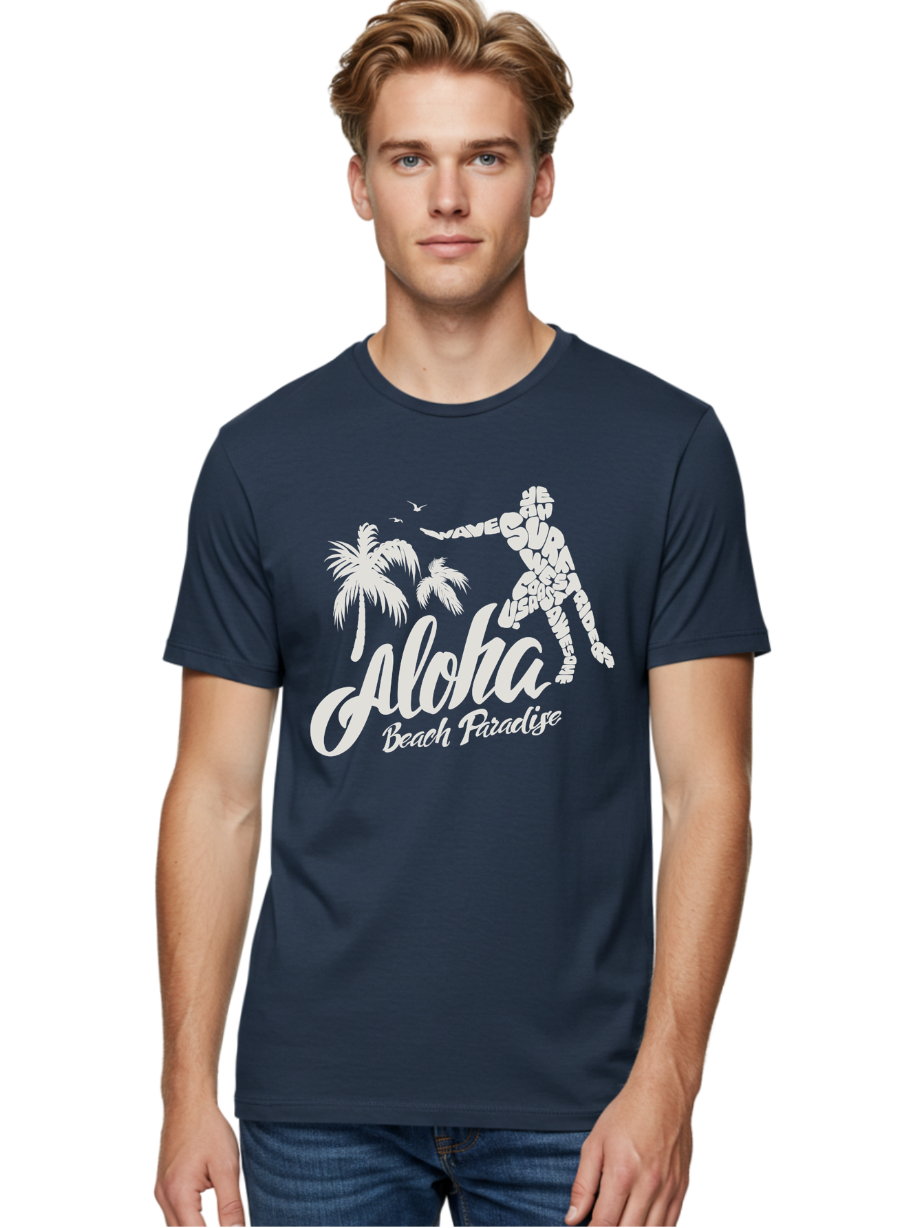 Aloha-Beach-Paradise Men'S Graphic Tee, 100% Cotton, Comfortable Casual Summer Wear, Machine Washable, Surfer Silhouette, Tropical Getaway, Beach Vacation, Surfing Culture, Wave Riding, Aloha Spirit, Island Vibes, Palm Trees, Beach Paradise, Aac368 28