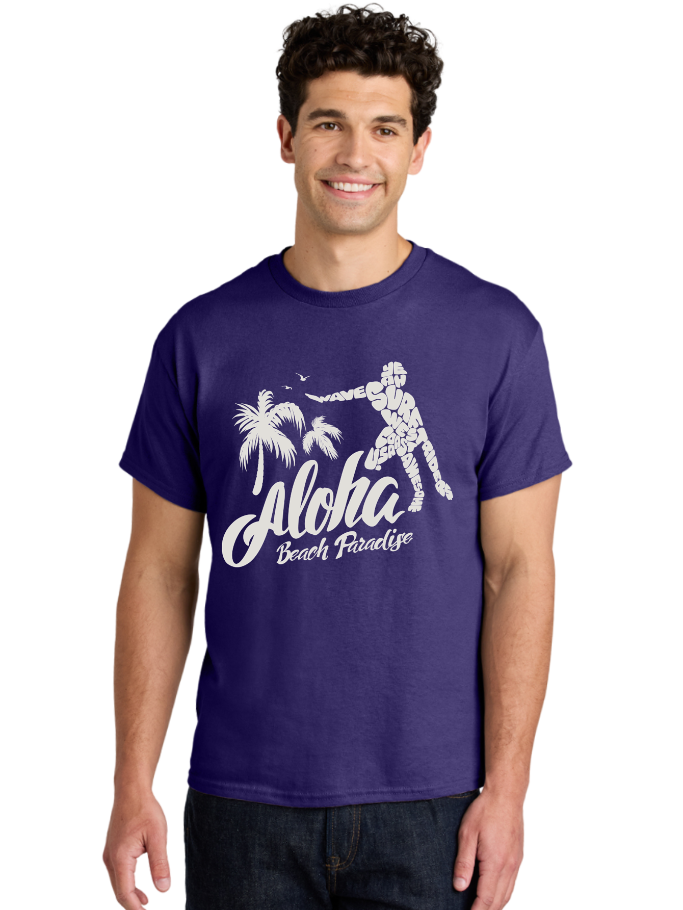Aloha-Beach-Paradise Men'S Graphic Tee, 100% Cotton, Comfortable Casual Summer Wear, Machine Washable, Surfer Silhouette, Tropical Getaway, Beach Vacation, Surfing Culture, Wave Riding, Aloha Spirit, Island Vibes, Palm Trees, Beach Paradise, Aac368 12