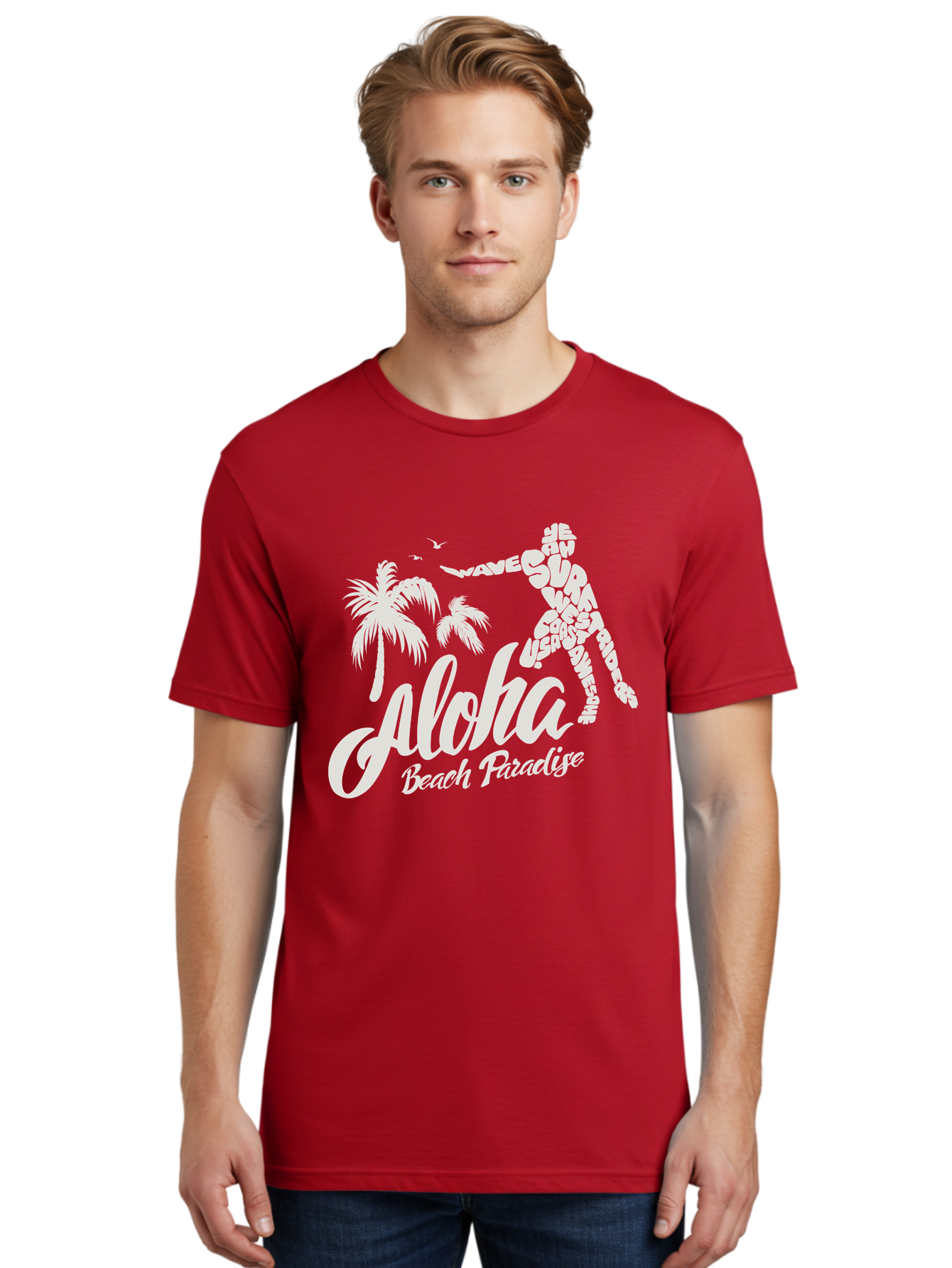 Aloha-Beach-Paradise Men'S Graphic Tee, 100% Cotton, Comfortable Casual Summer Wear, Machine Washable, Surfer Silhouette, Tropical Getaway, Beach Vacation, Surfing Culture, Wave Riding, Aloha Spirit, Island Vibes, Palm Trees, Beach Paradise, Aac368 20