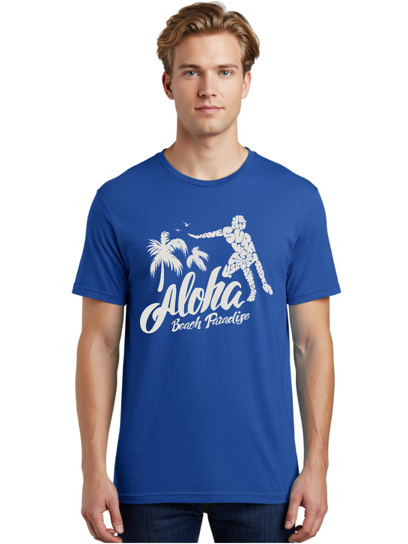 Aloha-Beach-Paradise Men'S Graphic Tee, 100% Cotton, Comfortable Casual Summer Wear, Machine Washable, Surfer Silhouette, Tropical Getaway, Beach Vacation, Surfing Culture, Wave Riding, Aloha Spirit, Island Vibes, Palm Trees, Beach Paradise, Aac368 30