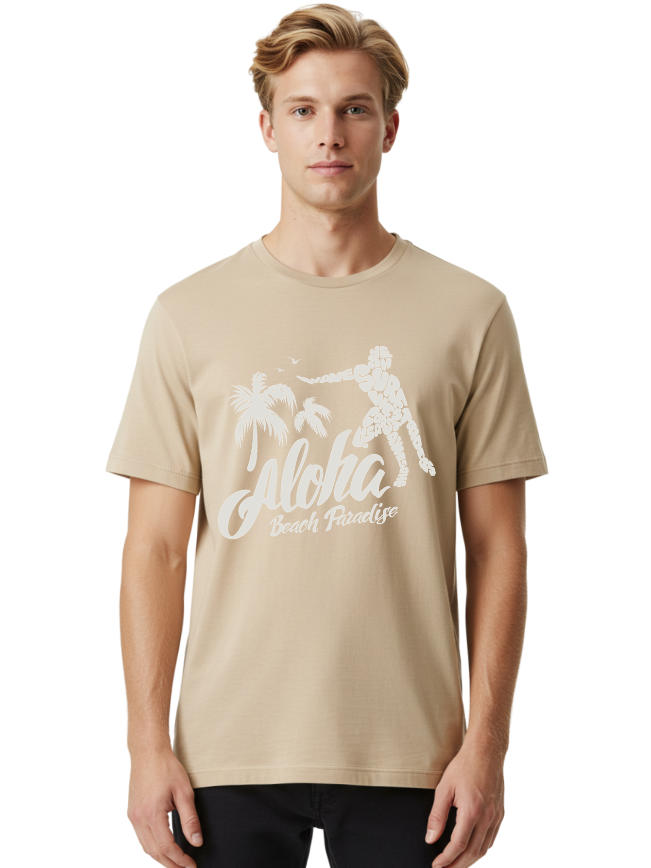 Aloha-Beach-Paradise Men'S Graphic Tee, 100% Cotton, Comfortable Casual Summer Wear, Machine Washable, Surfer Silhouette, Tropical Getaway, Beach Vacation, Surfing Culture, Wave Riding, Aloha Spirit, Island Vibes, Palm Trees, Beach Paradise, Aac368 6