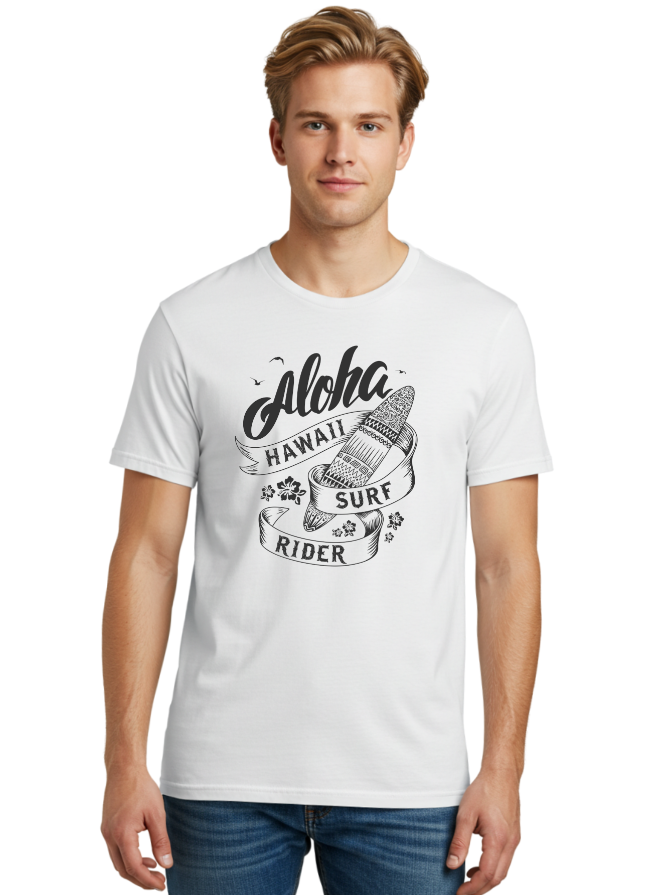 Aloha-Surf-Rider Men'S Graphic Tee, 100% Cotton, Comfortable Casual Summer Wear, Machine Washable, Hawaii Surf Rider, Surfboard, Tropical Vibes, Hawaii Vacation, Surfing Culture, Hawaii Tourism, Tropical Flowers, Aloha Spirit, Beach Lifestyle, Aac370 18