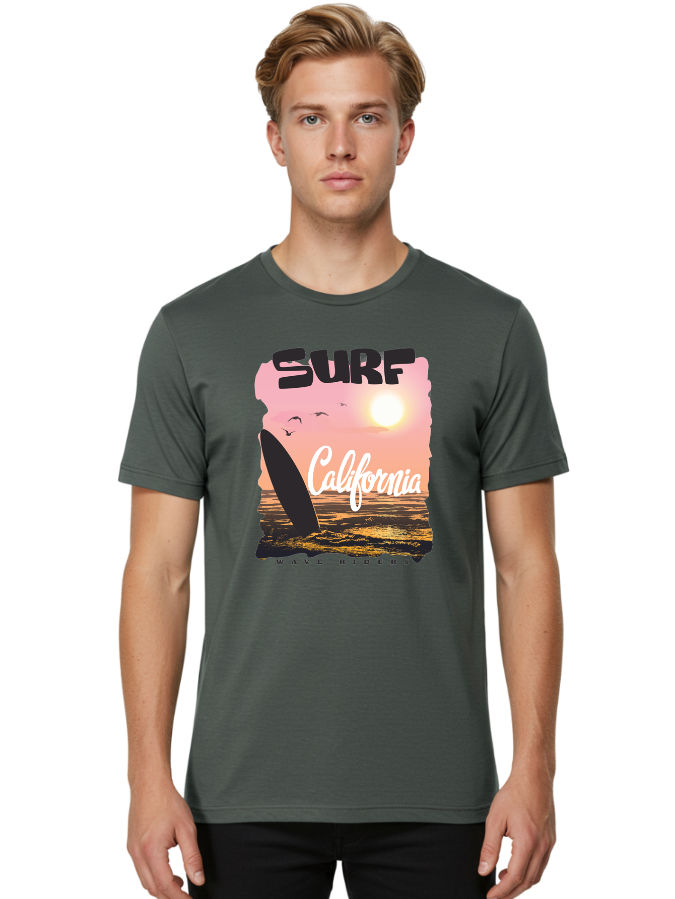 Surf-California Men'S Graphic Tee, 100% Cotton, Comfortable Casual Summer Wear, Machine Washable, Surfing In California, Wave Riders, Beach Life, Surfers Paradise, Coastal Scenery, Sunset Over The Ocean, Seagulls Flying, Aac372 8