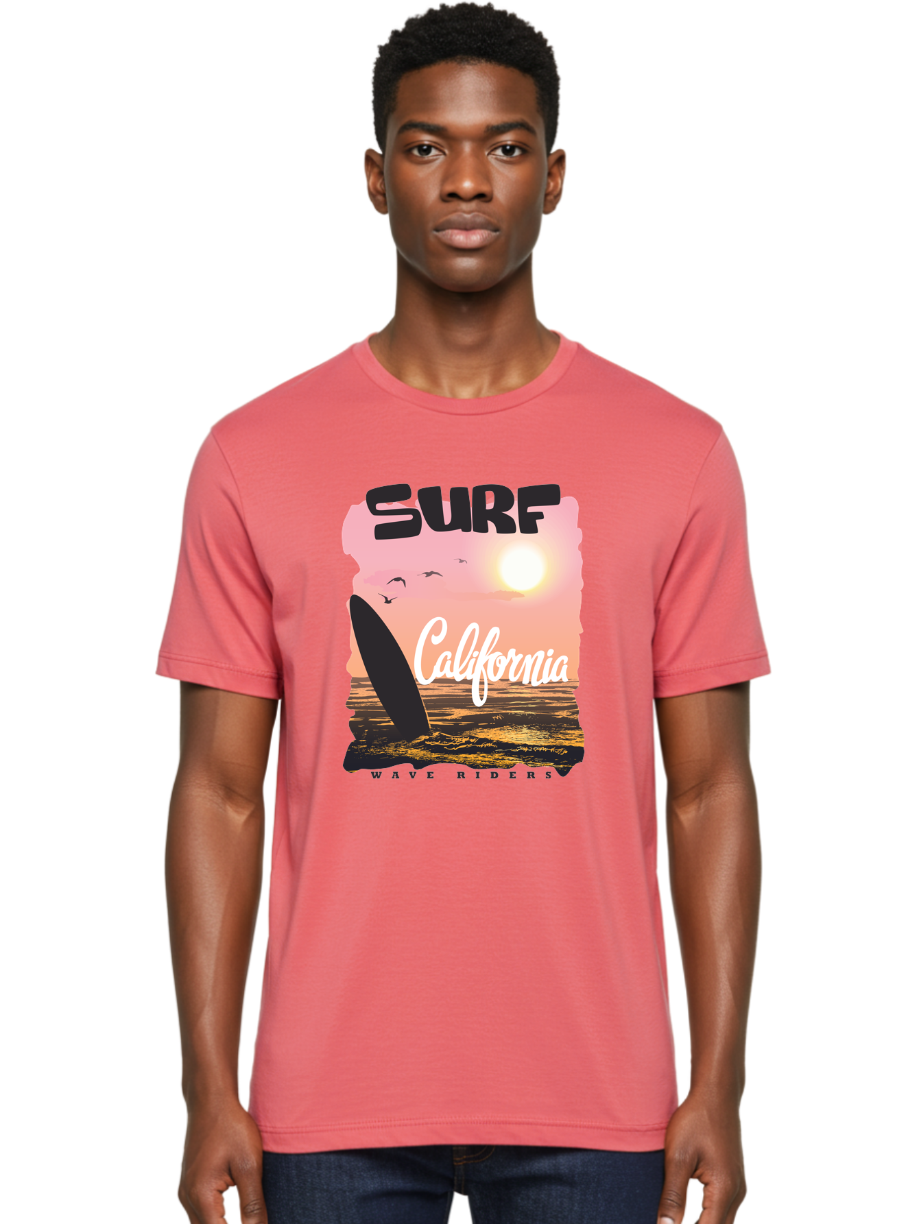 Surf-California Men'S Graphic Tee, 100% Cotton, Comfortable Casual Summer Wear, Machine Washable, Surfing In California, Wave Riders, Beach Life, Surfers Paradise, Coastal Scenery, Sunset Over The Ocean, Seagulls Flying, Aac372 20