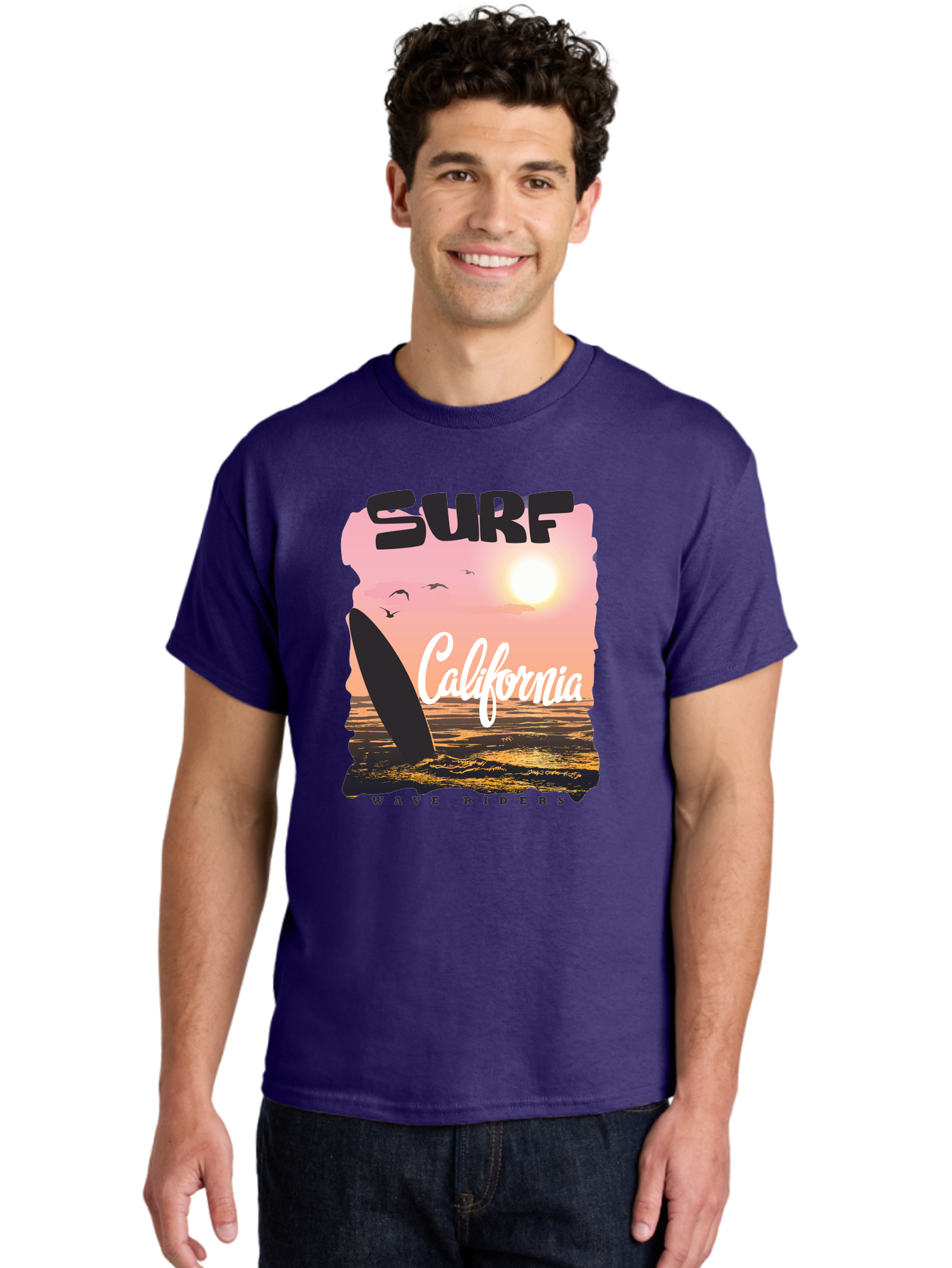 Surf-California Men'S Graphic Tee, 100% Cotton, Comfortable Casual Summer Wear, Machine Washable, Surfing In California, Wave Riders, Beach Life, Surfers Paradise, Coastal Scenery, Sunset Over The Ocean, Seagulls Flying, Aac372 26