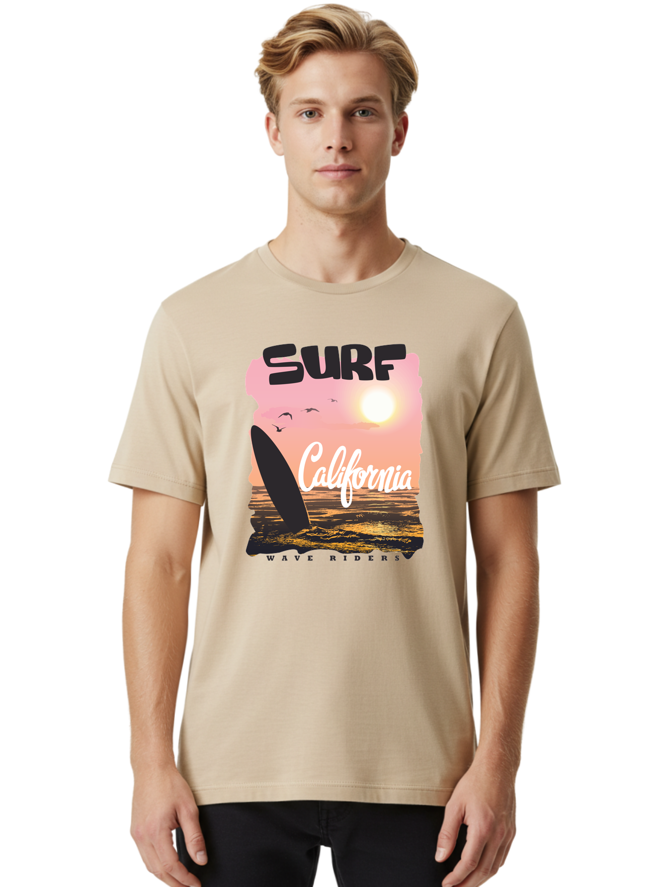 Surf-California Men'S Graphic Tee, 100% Cotton, Comfortable Casual Summer Wear, Machine Washable, Surfing In California, Wave Riders, Beach Life, Surfers Paradise, Coastal Scenery, Sunset Over The Ocean, Seagulls Flying, Aac372 12