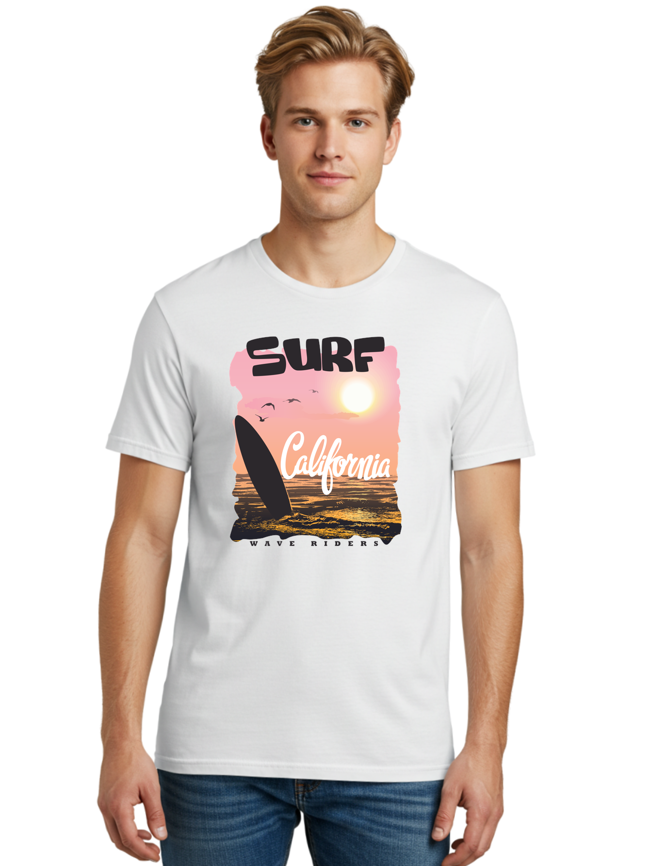 Surf-California Men'S Graphic Tee, 100% Cotton, Comfortable Casual Summer Wear, Machine Washable, Surfing In California, Wave Riders, Beach Life, Surfers Paradise, Coastal Scenery, Sunset Over The Ocean, Seagulls Flying, Aac372 28