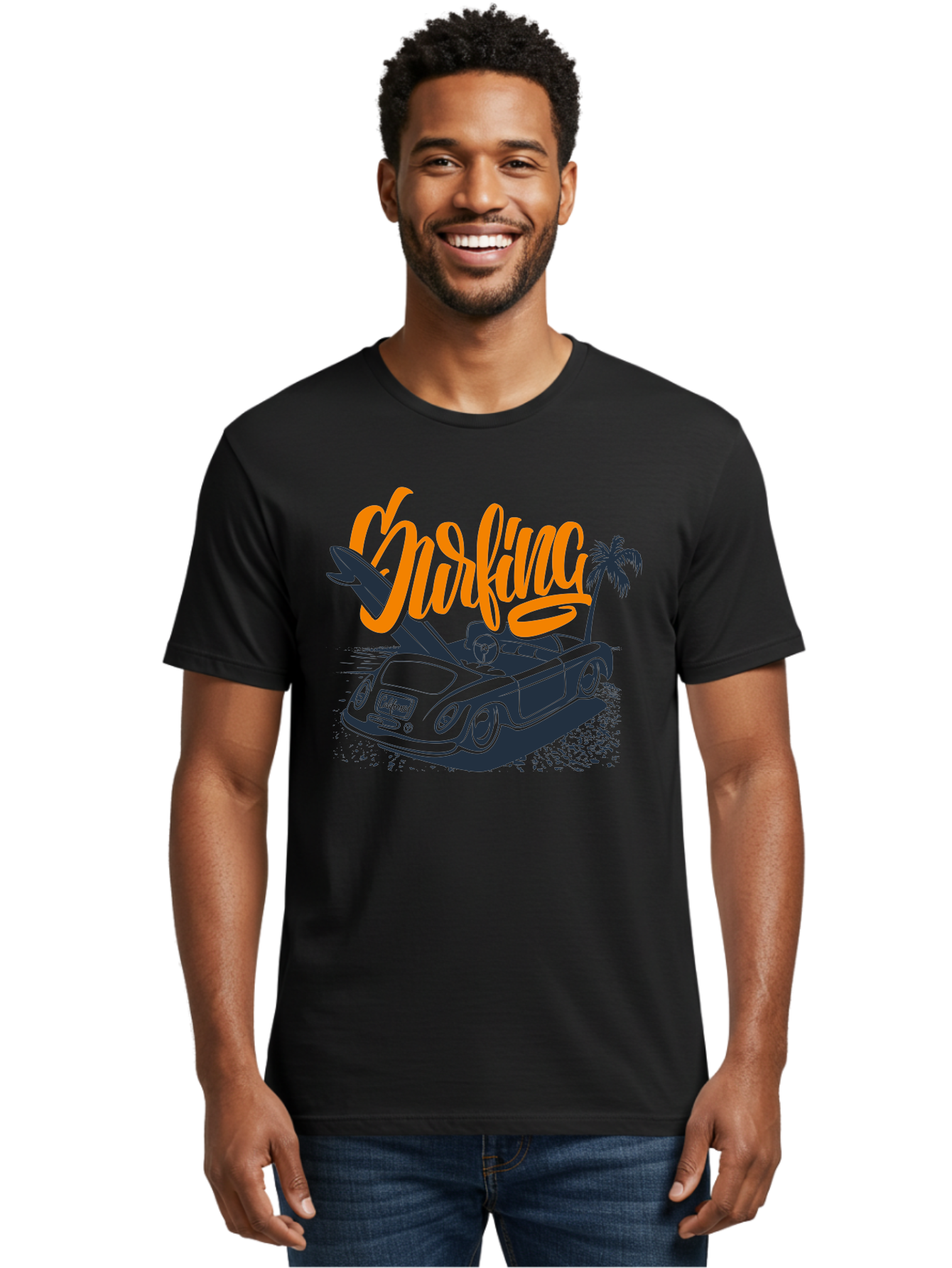 Surfing Men'S Graphic Tee, 100% Cotton, Comfortable Casual Summer Wear, Machine Washable, Vintage Convertible Car, Surfing Culture, Beach Lifestyle, Retro Style, Surfboard On Car, Palm Tree, Summer Fun, Surf Vibes, Classic Automobile Aac373 22