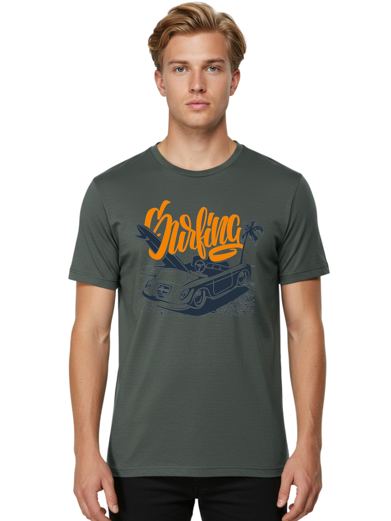 Surfing Men'S Graphic Tee, 100% Cotton, Comfortable Casual Summer Wear, Machine Washable, Vintage Convertible Car, Surfing Culture, Beach Lifestyle, Retro Style, Surfboard On Car, Palm Tree, Summer Fun, Surf Vibes, Classic Automobile Aac373 24