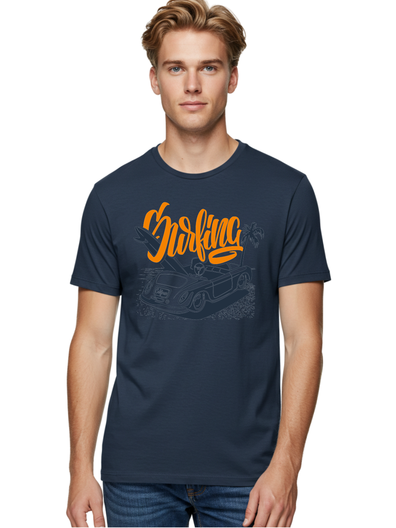 Surfing Men'S Graphic Tee, 100% Cotton, Comfortable Casual Summer Wear, Machine Washable, Vintage Convertible Car, Surfing Culture, Beach Lifestyle, Retro Style, Surfboard On Car, Palm Tree, Summer Fun, Surf Vibes, Classic Automobile Aac373 2