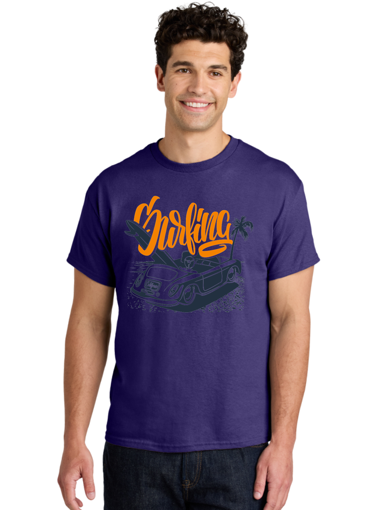 Surfing Men'S Graphic Tee, 100% Cotton, Comfortable Casual Summer Wear, Machine Washable, Vintage Convertible Car, Surfing Culture, Beach Lifestyle, Retro Style, Surfboard On Car, Palm Tree, Summer Fun, Surf Vibes, Classic Automobile Aac373 4