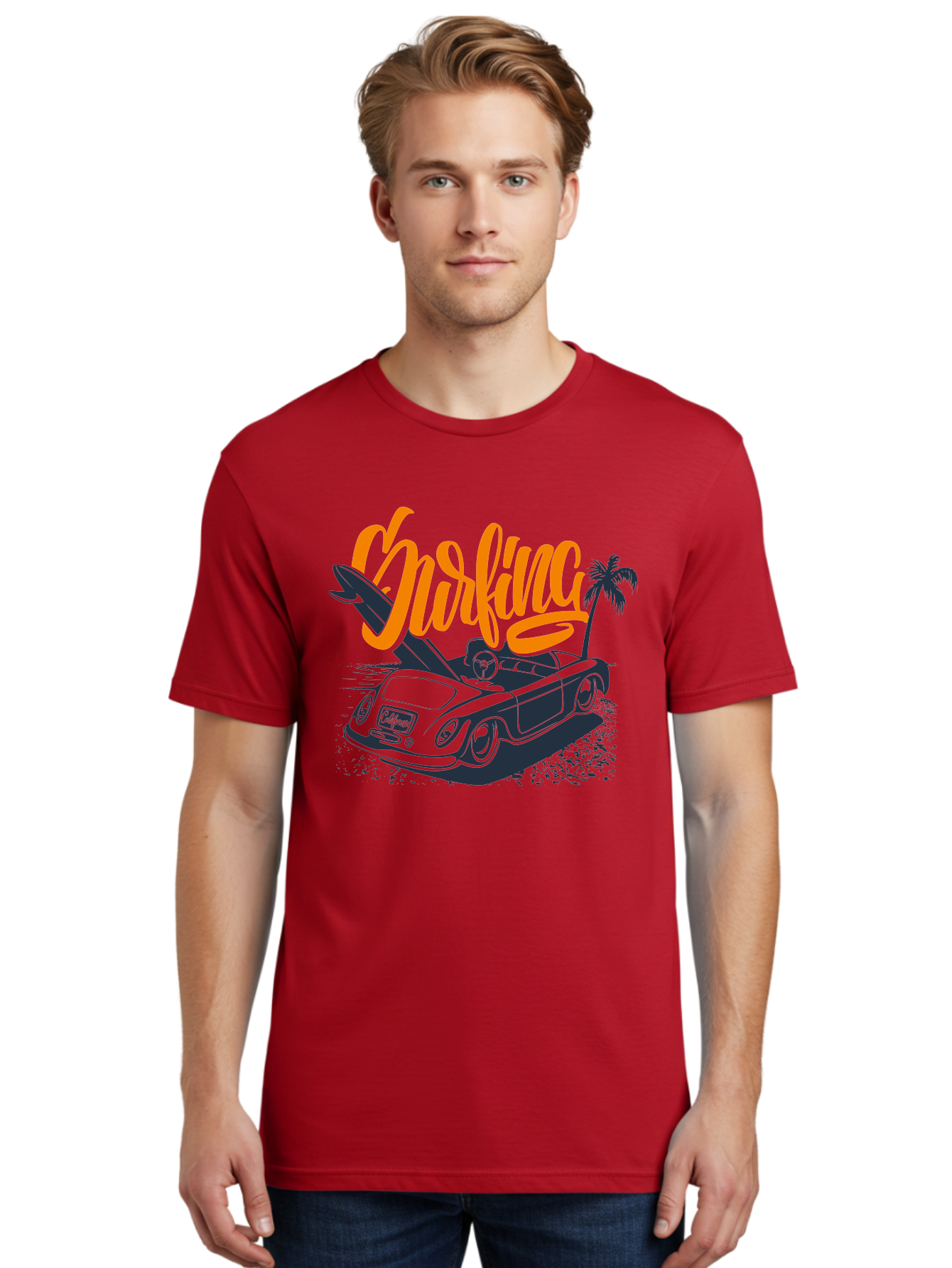 Surfing Men'S Graphic Tee, 100% Cotton, Comfortable Casual Summer Wear, Machine Washable, Vintage Convertible Car, Surfing Culture, Beach Lifestyle, Retro Style, Surfboard On Car, Palm Tree, Summer Fun, Surf Vibes, Classic Automobile Aac373 12