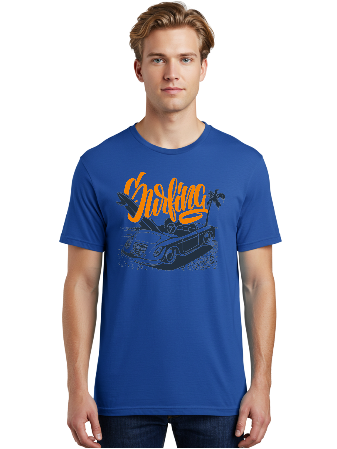 Surfing Men'S Graphic Tee, 100% Cotton, Comfortable Casual Summer Wear, Machine Washable, Vintage Convertible Car, Surfing Culture, Beach Lifestyle, Retro Style, Surfboard On Car, Palm Tree, Summer Fun, Surf Vibes, Classic Automobile Aac373 30