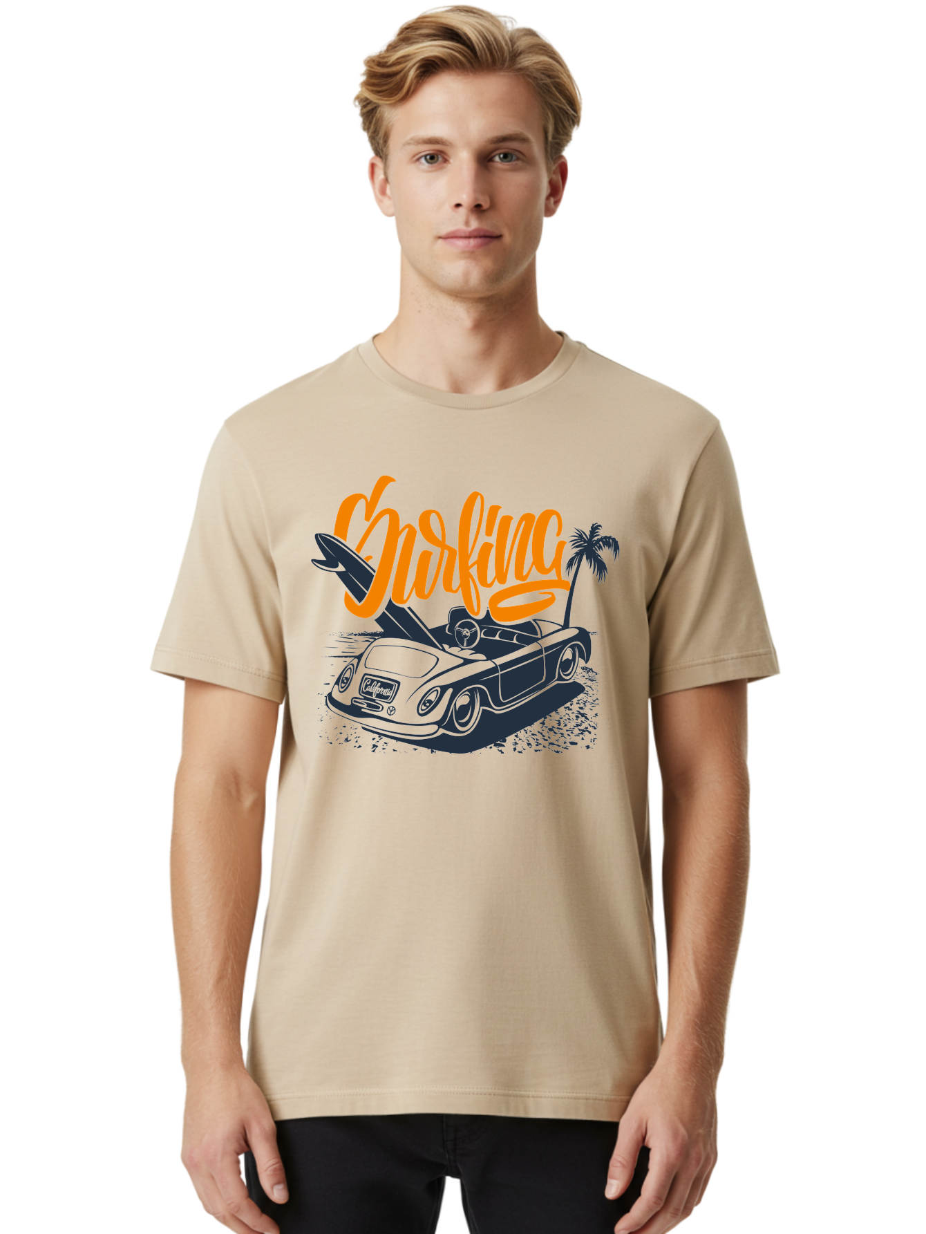 Surfing Men'S Graphic Tee, 100% Cotton, Comfortable Casual Summer Wear, Machine Washable, Vintage Convertible Car, Surfing Culture, Beach Lifestyle, Retro Style, Surfboard On Car, Palm Tree, Summer Fun, Surf Vibes, Classic Automobile Aac373 18
