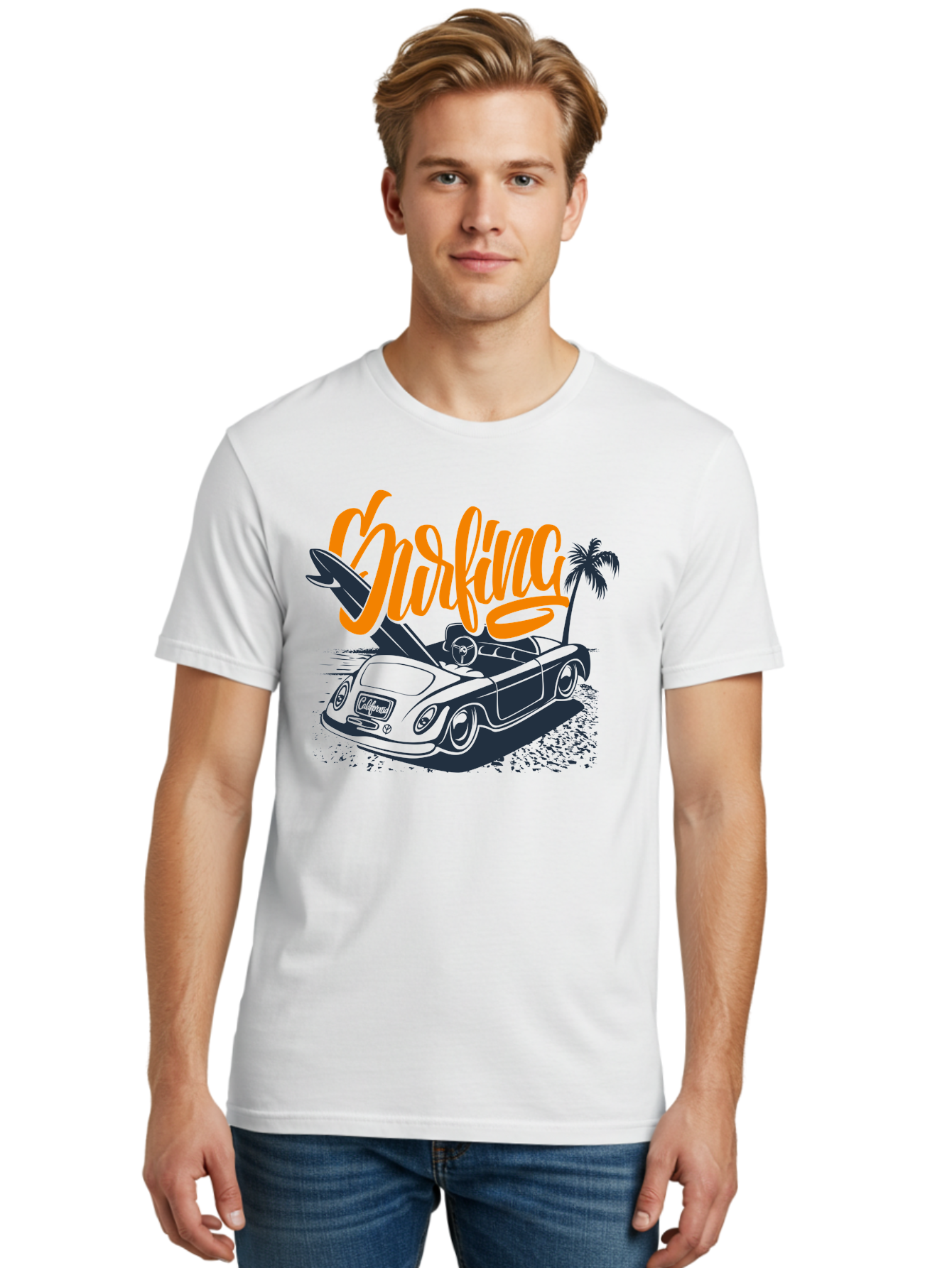 Surfing Men'S Graphic Tee, 100% Cotton, Comfortable Casual Summer Wear, Machine Washable, Vintage Convertible Car, Surfing Culture, Beach Lifestyle, Retro Style, Surfboard On Car, Palm Tree, Summer Fun, Surf Vibes, Classic Automobile Aac373 14