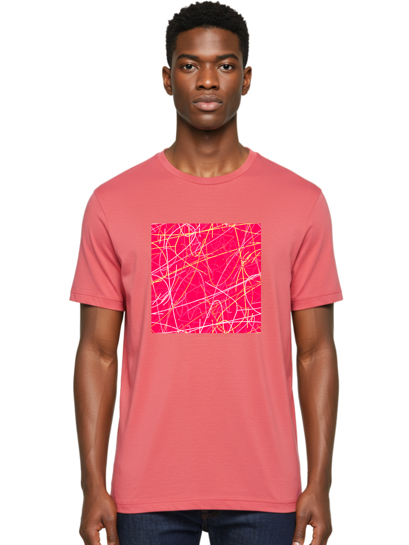 Abstract-Lines Men'S Graphic Tee, 100% Cotton, Comfortable Casual Summer Wear, Machine Washable, Abstract Art, Vibrant Pink Background, Swirling Lines, Dynamic Movement, Modern Design, Artistic Expression, Creative Wallpaper, Digital Art, Aac374 18