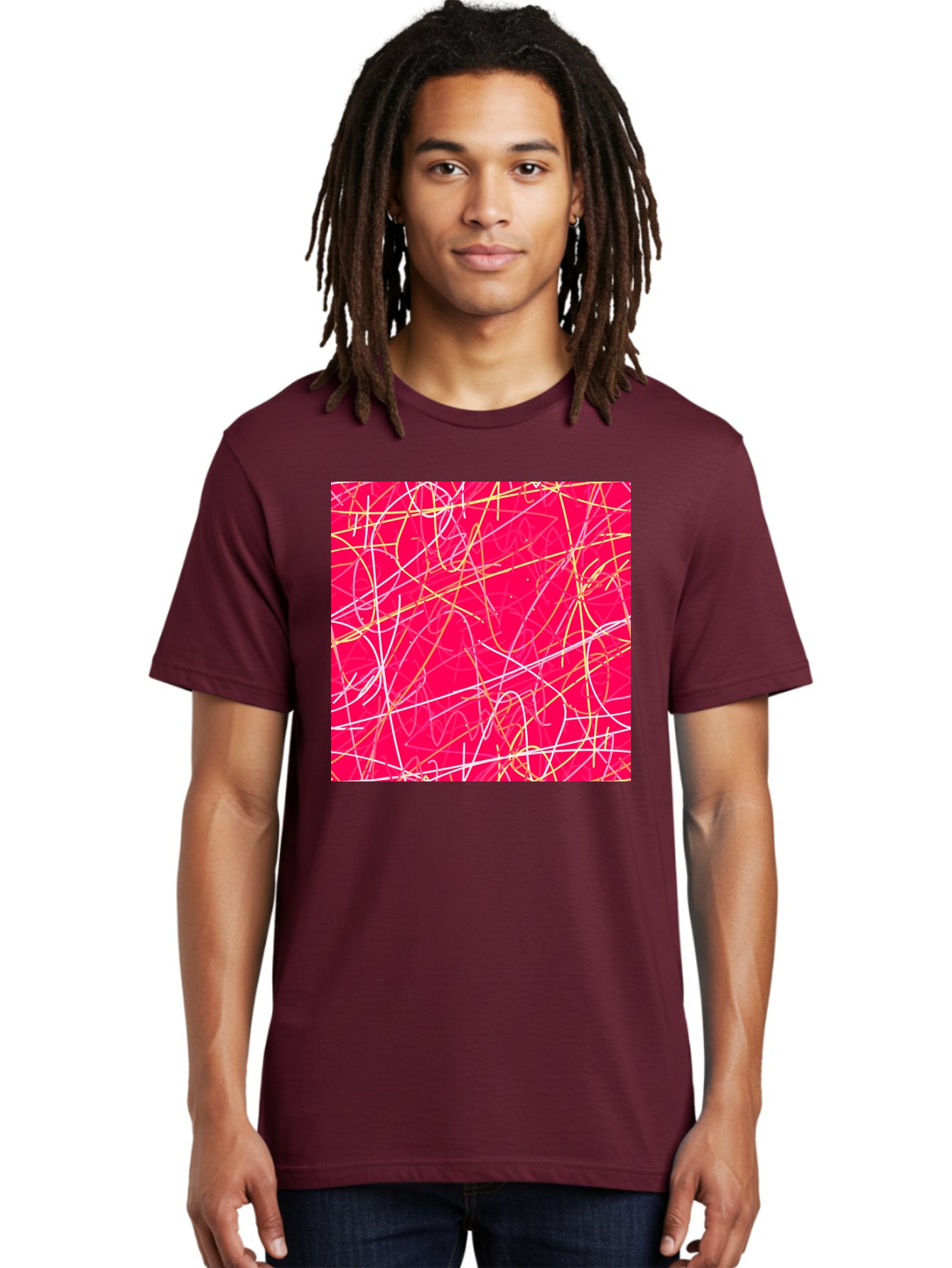 Abstract-Lines Men'S Graphic Tee, 100% Cotton, Comfortable Casual Summer Wear, Machine Washable, Abstract Art, Vibrant Pink Background, Swirling Lines, Dynamic Movement, Modern Design, Artistic Expression, Creative Wallpaper, Digital Art, Aac374 8