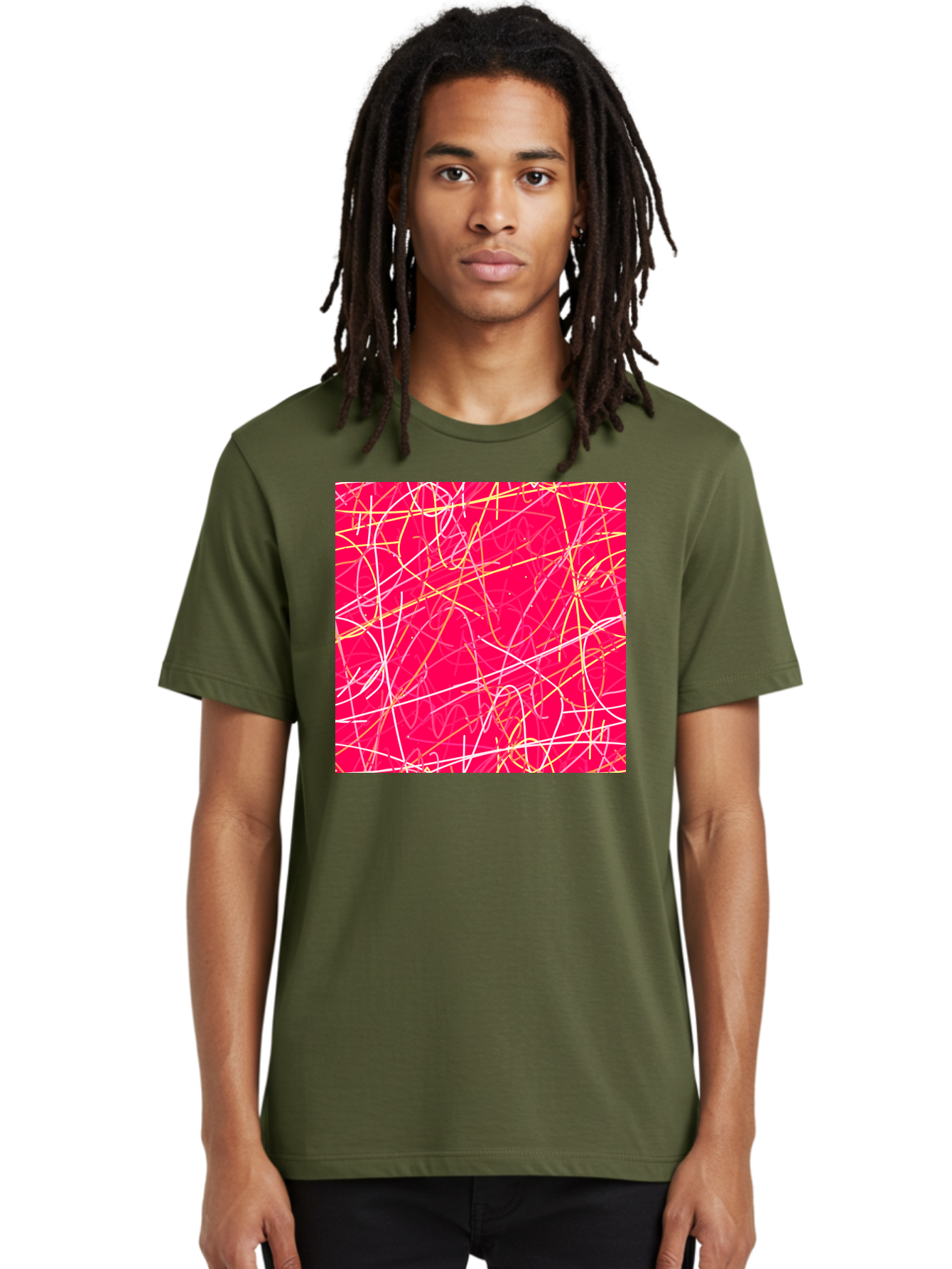 Abstract-Lines Men'S Graphic Tee, 100% Cotton, Comfortable Casual Summer Wear, Machine Washable, Abstract Art, Vibrant Pink Background, Swirling Lines, Dynamic Movement, Modern Design, Artistic Expression, Creative Wallpaper, Digital Art, Aac374 4