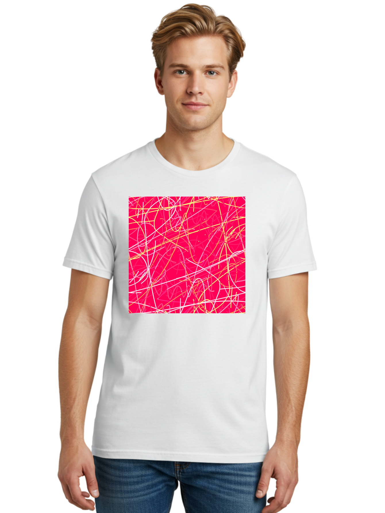 Abstract-Lines Men'S Graphic Tee, 100% Cotton, Comfortable Casual Summer Wear, Machine Washable, Abstract Art, Vibrant Pink Background, Swirling Lines, Dynamic Movement, Modern Design, Artistic Expression, Creative Wallpaper, Digital Art, Aac374 14