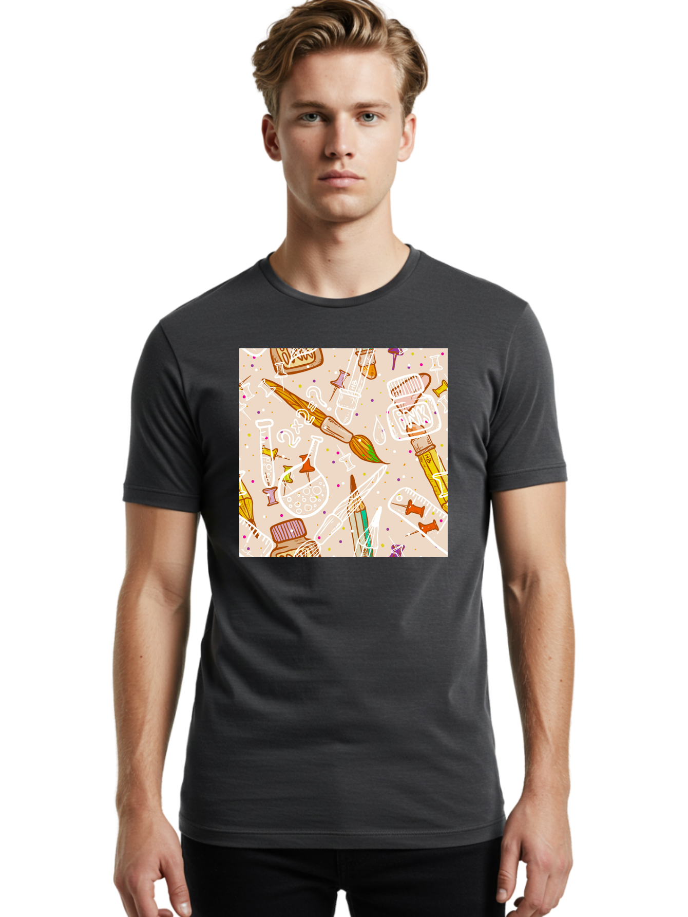 Art-And-Science Men'S Graphic Tee, 100% Cotton, Comfortable Casual Summer Wear, Machine Washable, Science And Art Supplies, Beakers, Test Tubes, Paintbrushes, Pencils, Creative Tools, Artistic Expression, Scientific Experimentation, Aac378 22