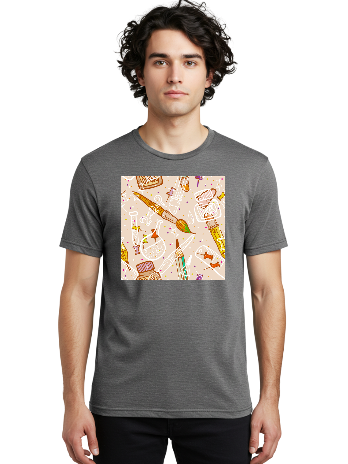Art-And-Science Men'S Graphic Tee, 100% Cotton, Comfortable Casual Summer Wear, Machine Washable, Science And Art Supplies, Beakers, Test Tubes, Paintbrushes, Pencils, Creative Tools, Artistic Expression, Scientific Experimentation, Aac378 26