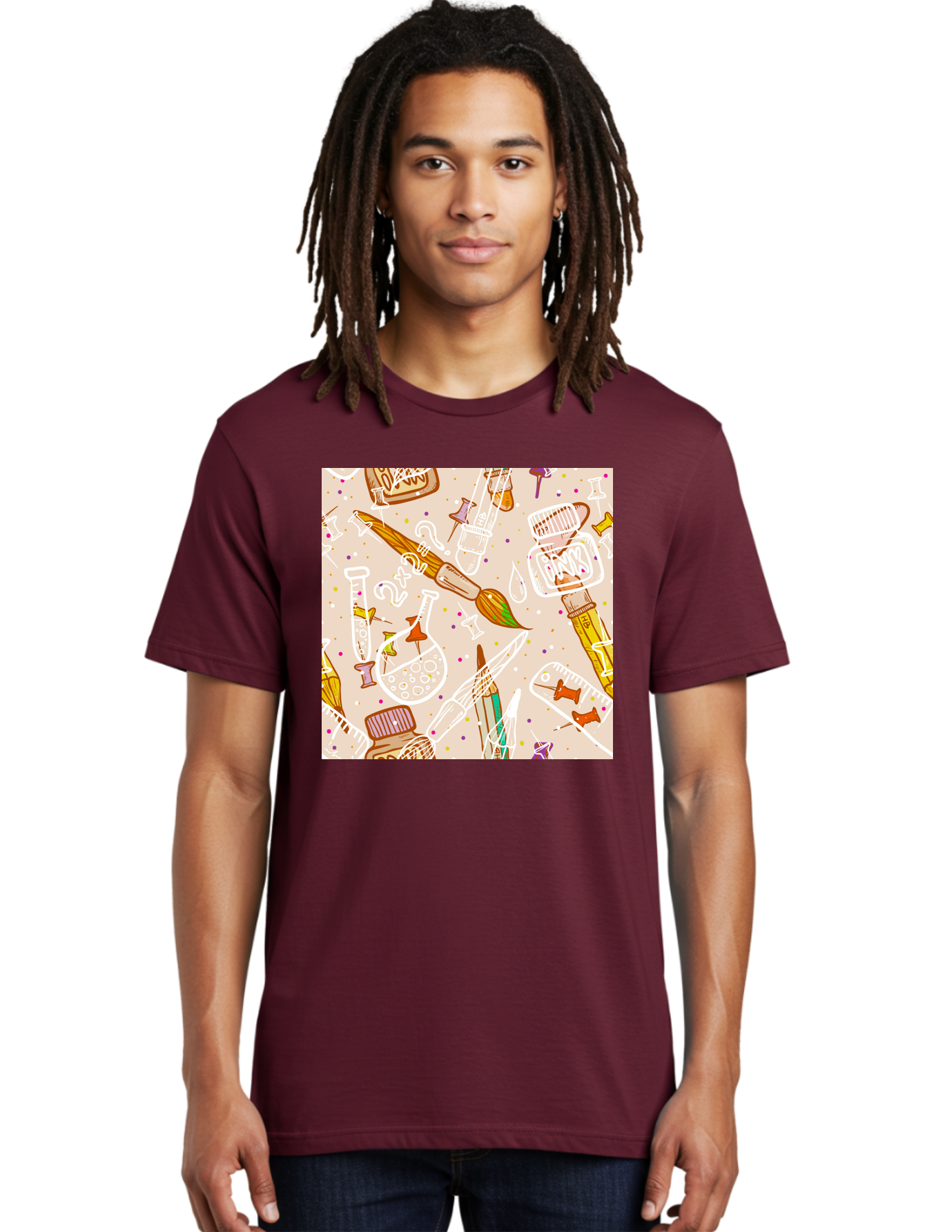Art-And-Science Men'S Graphic Tee, 100% Cotton, Comfortable Casual Summer Wear, Machine Washable, Science And Art Supplies, Beakers, Test Tubes, Paintbrushes, Pencils, Creative Tools, Artistic Expression, Scientific Experimentation, Aac378 4