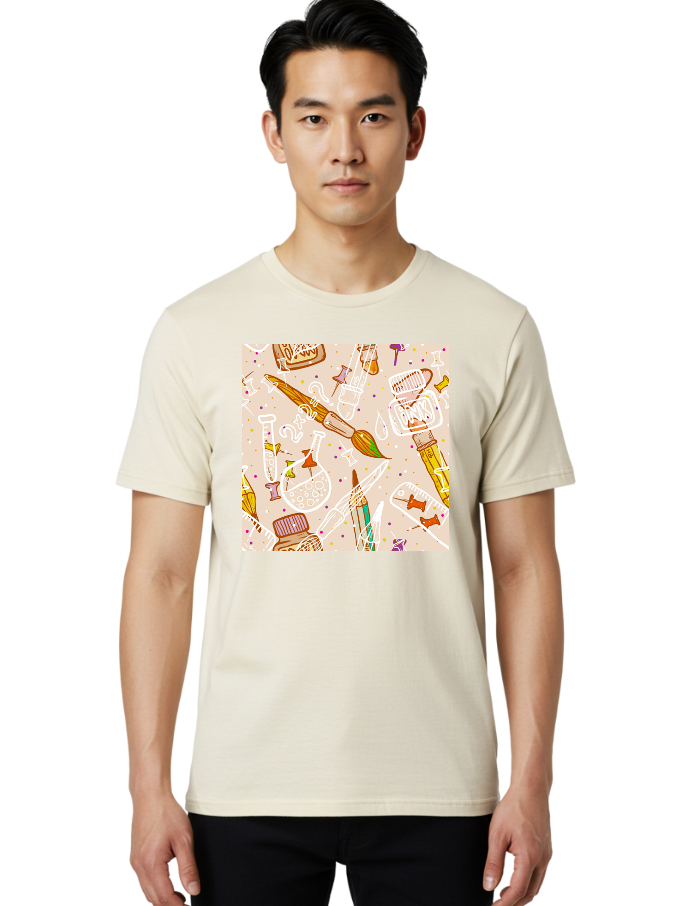 Art-And-Science Men'S Graphic Tee, 100% Cotton, Comfortable Casual Summer Wear, Machine Washable, Science And Art Supplies, Beakers, Test Tubes, Paintbrushes, Pencils, Creative Tools, Artistic Expression, Scientific Experimentation, Aac378 12