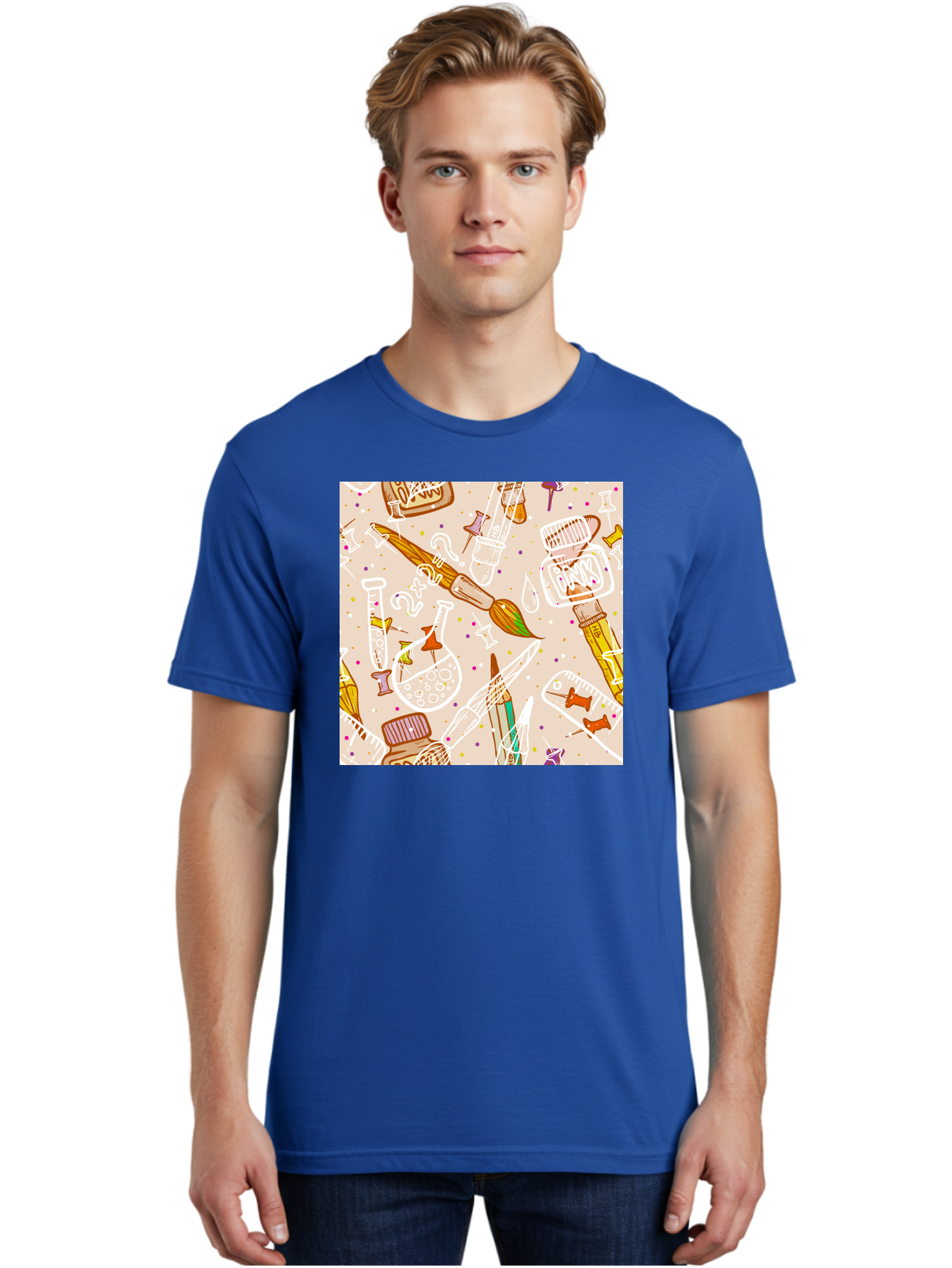 Art-And-Science Men'S Graphic Tee, 100% Cotton, Comfortable Casual Summer Wear, Machine Washable, Science And Art Supplies, Beakers, Test Tubes, Paintbrushes, Pencils, Creative Tools, Artistic Expression, Scientific Experimentation, Aac378 24