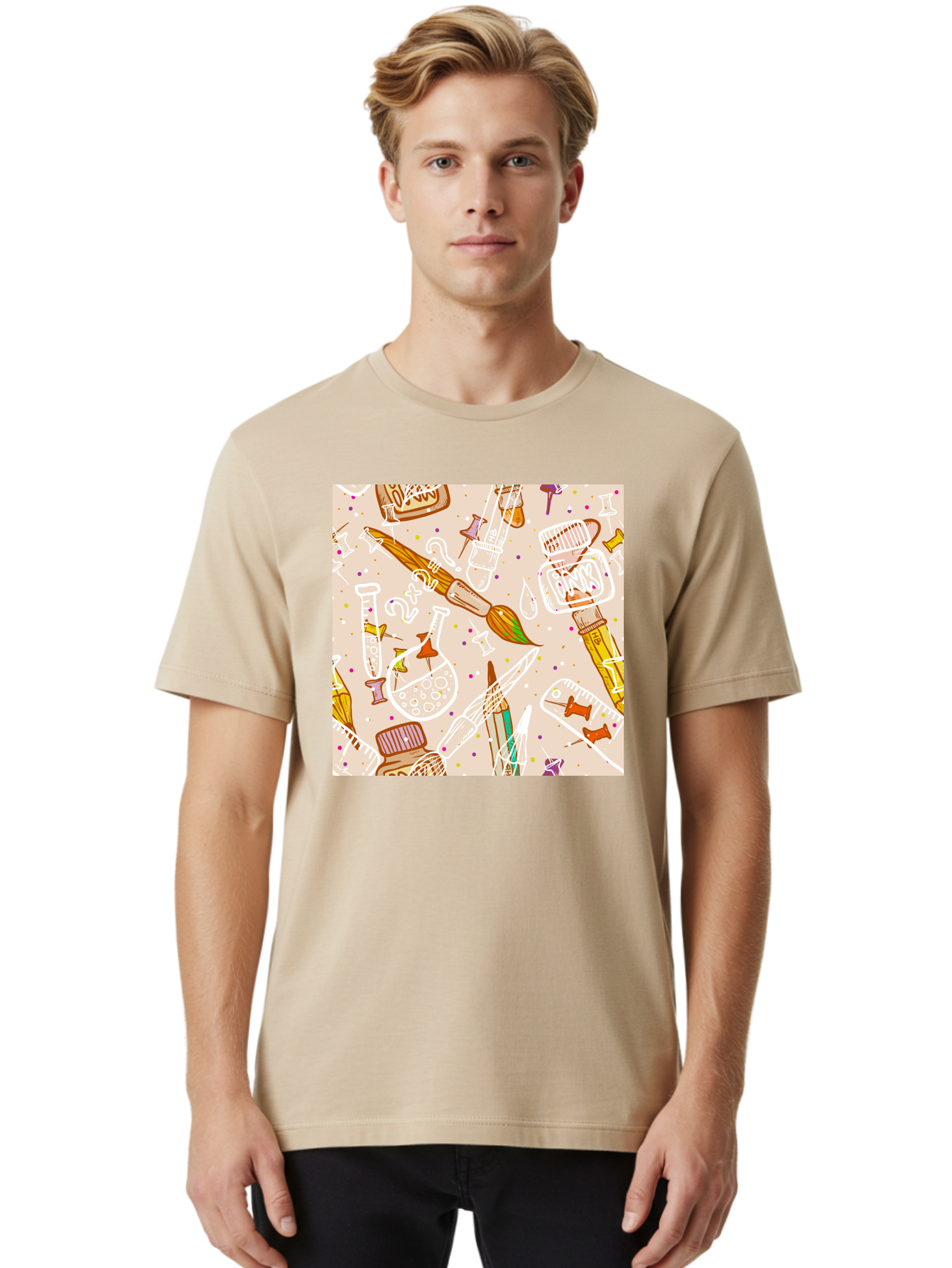 Art-And-Science Men'S Graphic Tee, 100% Cotton, Comfortable Casual Summer Wear, Machine Washable, Science And Art Supplies, Beakers, Test Tubes, Paintbrushes, Pencils, Creative Tools, Artistic Expression, Scientific Experimentation, Aac378 14