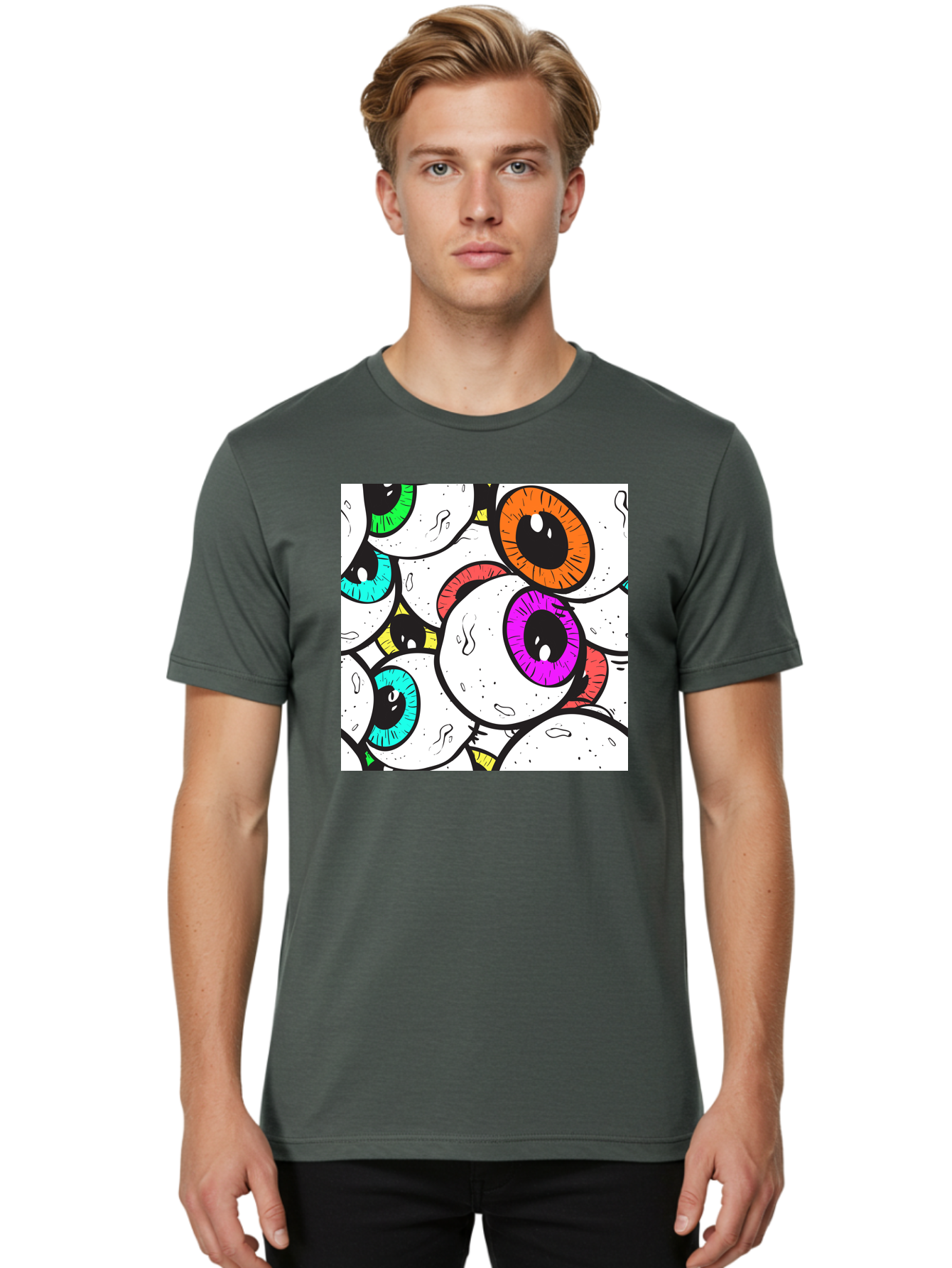 Cartoon-Eyes Men'S Graphic Tee, 100% Cotton, Comfortable Casual Summer Wear, Machine Washable, Cartoon Eyes, Vibrant Colors, Colorful Irises, Eyeballs, Illustration Art, Quirky Design, Playful Graphics, Eye-Catching Visuals, Modern Graphics, Aac381 28