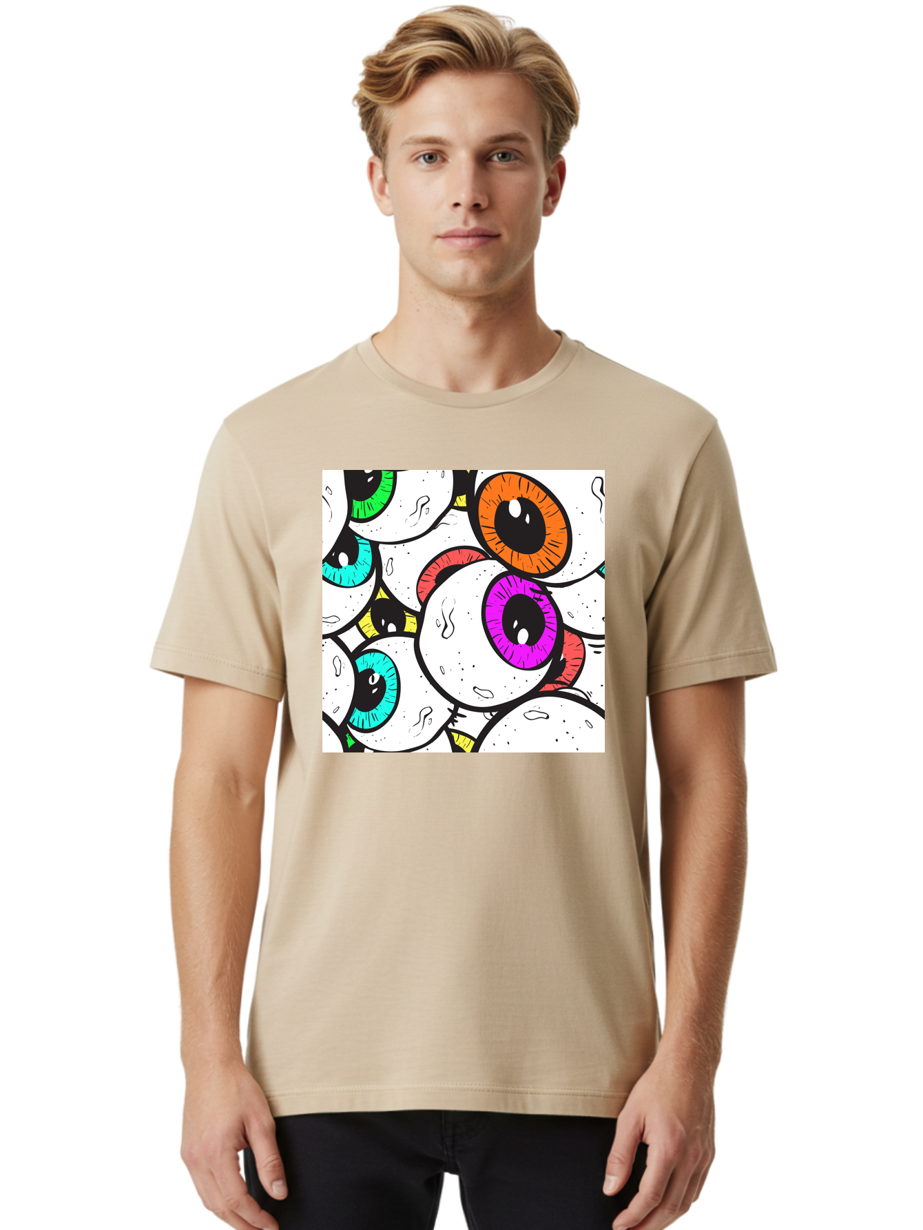 Cartoon-Eyes Men'S Graphic Tee, 100% Cotton, Comfortable Casual Summer Wear, Machine Washable, Cartoon Eyes, Vibrant Colors, Colorful Irises, Eyeballs, Illustration Art, Quirky Design, Playful Graphics, Eye-Catching Visuals, Modern Graphics, Aac381 24