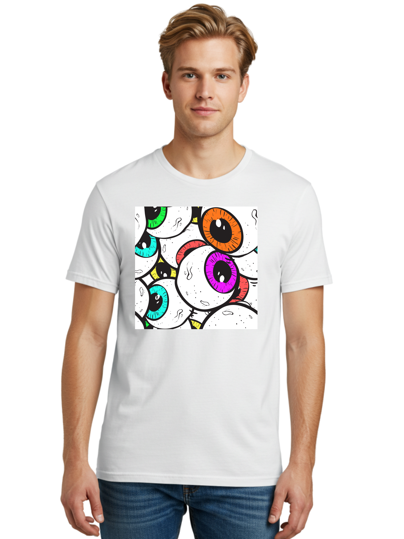 Cartoon-Eyes Men'S Graphic Tee, 100% Cotton, Comfortable Casual Summer Wear, Machine Washable, Cartoon Eyes, Vibrant Colors, Colorful Irises, Eyeballs, Illustration Art, Quirky Design, Playful Graphics, Eye-Catching Visuals, Modern Graphics, Aac381 30