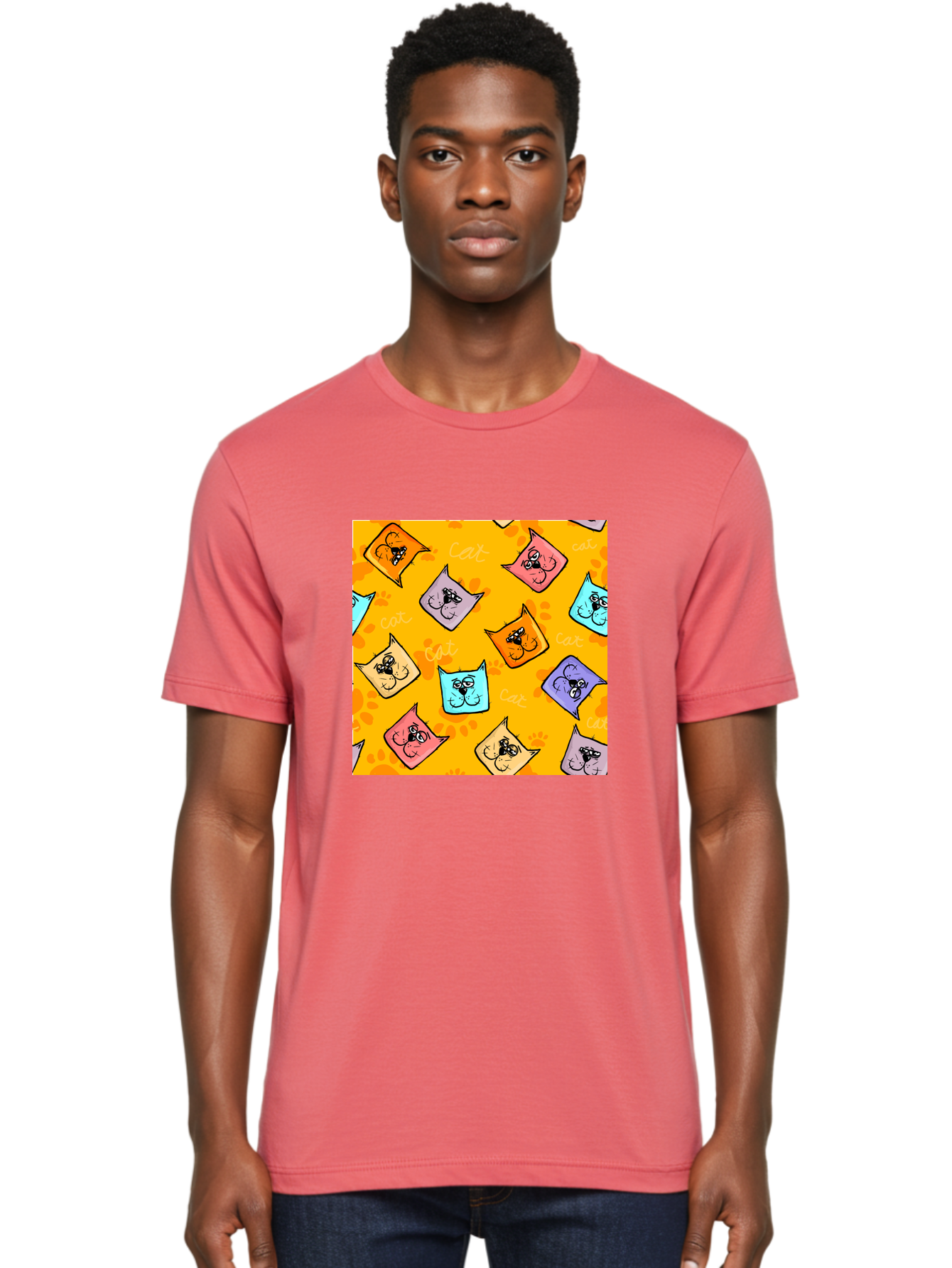 Cat-Pattern Men'S Graphic Tee, 100% Cotton, Comfortable Casual Summer Wear, Machine Washable, Cartoon Cats, Pastel Colors, Cat Faces, Playful Pattern, Cute Animals, Whimsical Design, Feline Friends, Adorable Illustrations, Fun Graphics, Aac384 12