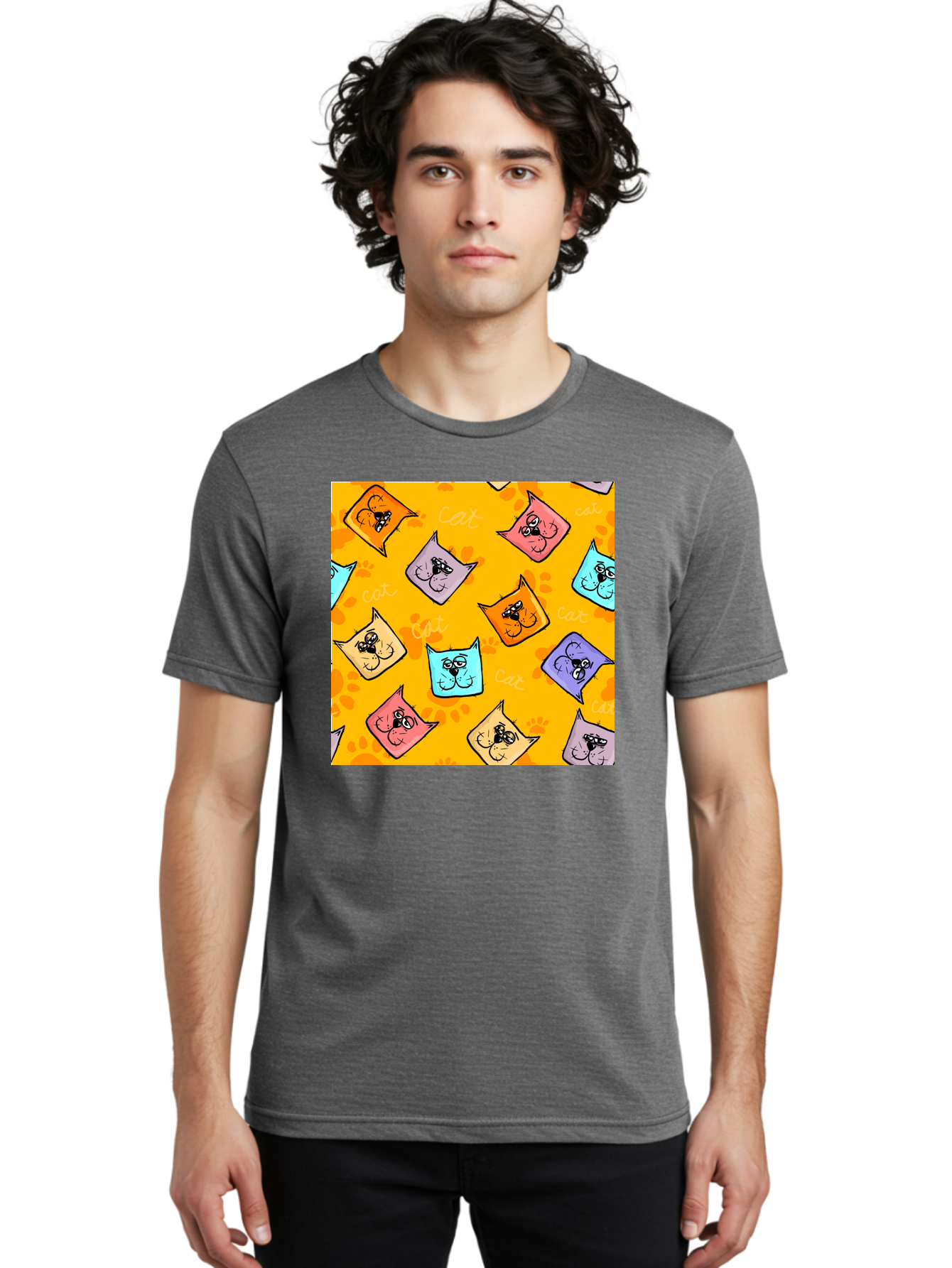 Cat-Pattern Men'S Graphic Tee, 100% Cotton, Comfortable Casual Summer Wear, Machine Washable, Cartoon Cats, Pastel Colors, Cat Faces, Playful Pattern, Cute Animals, Whimsical Design, Feline Friends, Adorable Illustrations, Fun Graphics, Aac384 2