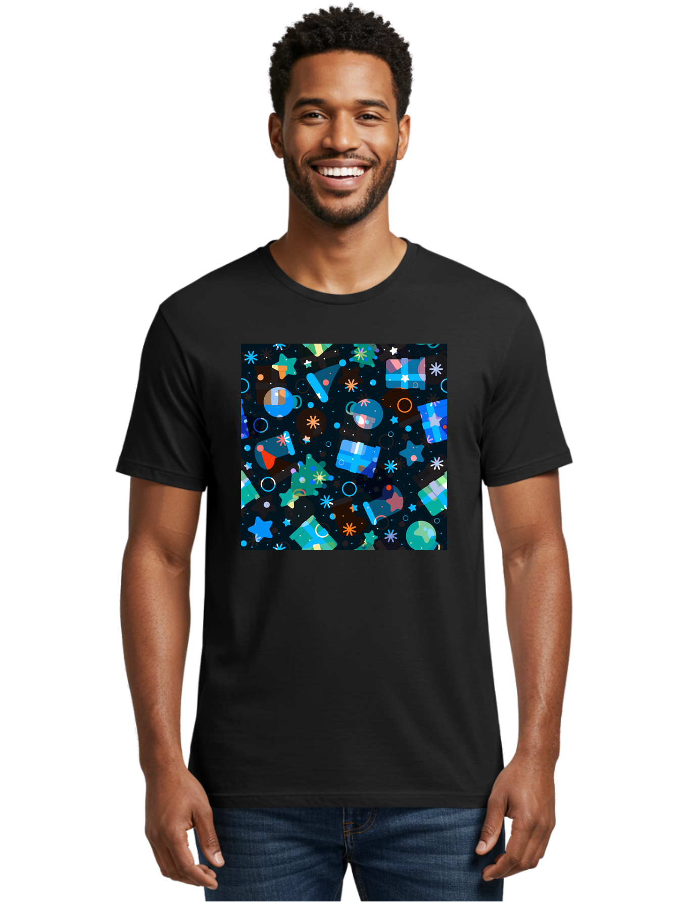 Christmas-Pattern Men'S Graphic Tee, 100% Cotton, Comfortable Casual Summer Wear, Machine Washable, Party Hats, Festive Decorations, Stars, Confetti, Balloons, Gift Boxes, Mug, Party Blowers, Celebratory Elements, Party Theme Aac385 8
