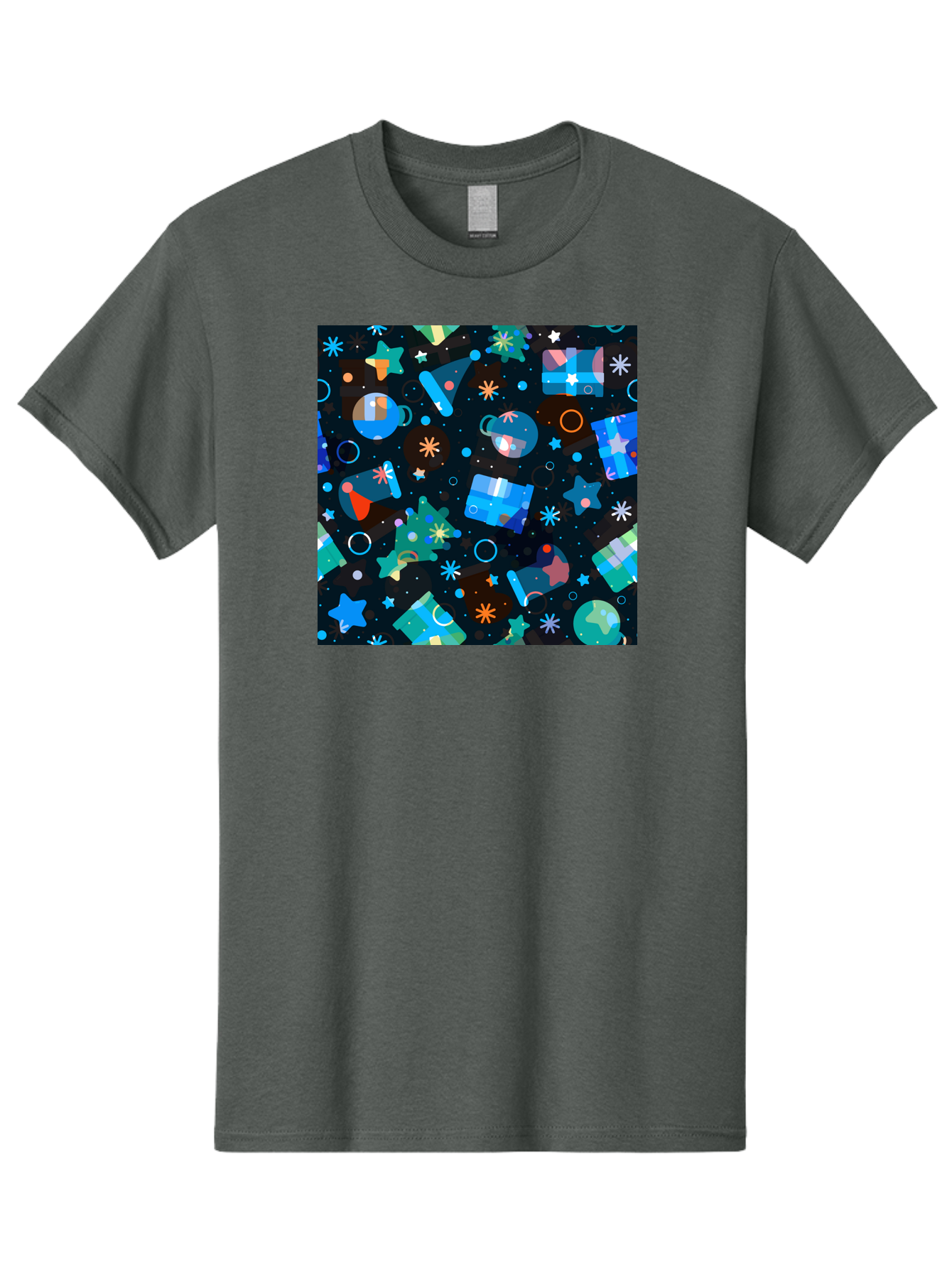 Christmas-Pattern Men'S Graphic Tee, 100% Cotton, Comfortable Casual Summer Wear, Machine Washable, Party Hats, Festive Decorations, Stars, Confetti, Balloons, Gift Boxes, Mug, Party Blowers, Celebratory Elements, Party Theme Aac385 23