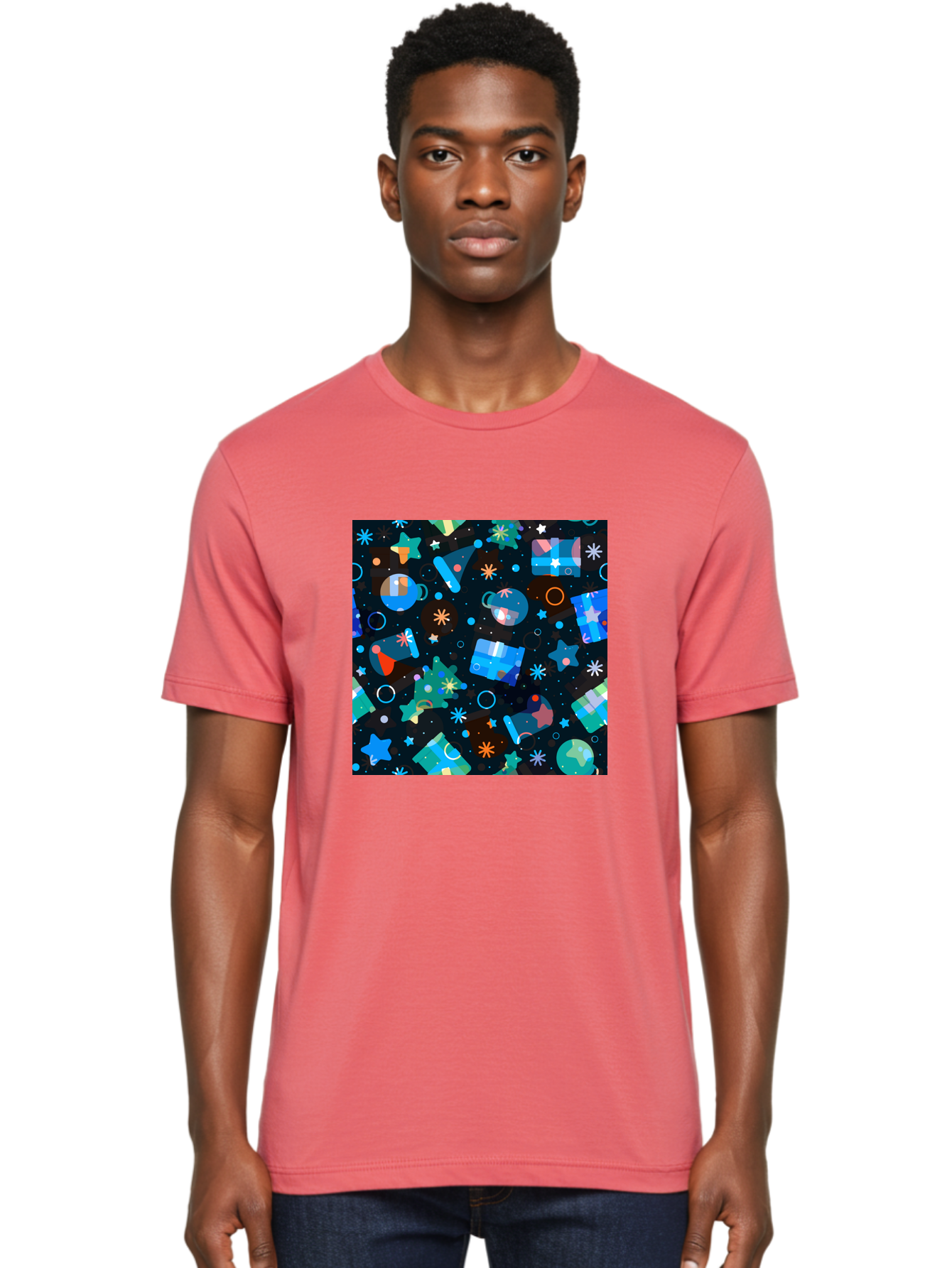 Christmas-Pattern Men'S Graphic Tee, 100% Cotton, Comfortable Casual Summer Wear, Machine Washable, Party Hats, Festive Decorations, Stars, Confetti, Balloons, Gift Boxes, Mug, Party Blowers, Celebratory Elements, Party Theme Aac385 14