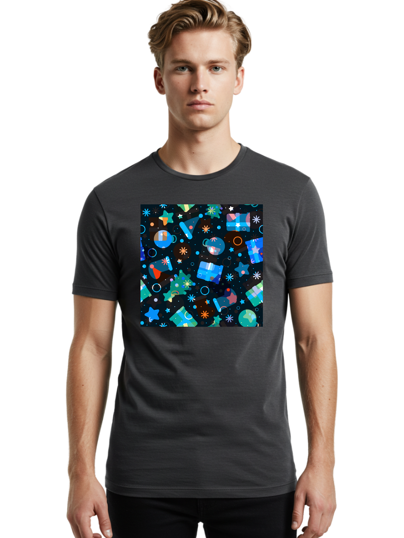 Christmas-Pattern Men'S Graphic Tee, 100% Cotton, Comfortable Casual Summer Wear, Machine Washable, Party Hats, Festive Decorations, Stars, Confetti, Balloons, Gift Boxes, Mug, Party Blowers, Celebratory Elements, Party Theme Aac385 12